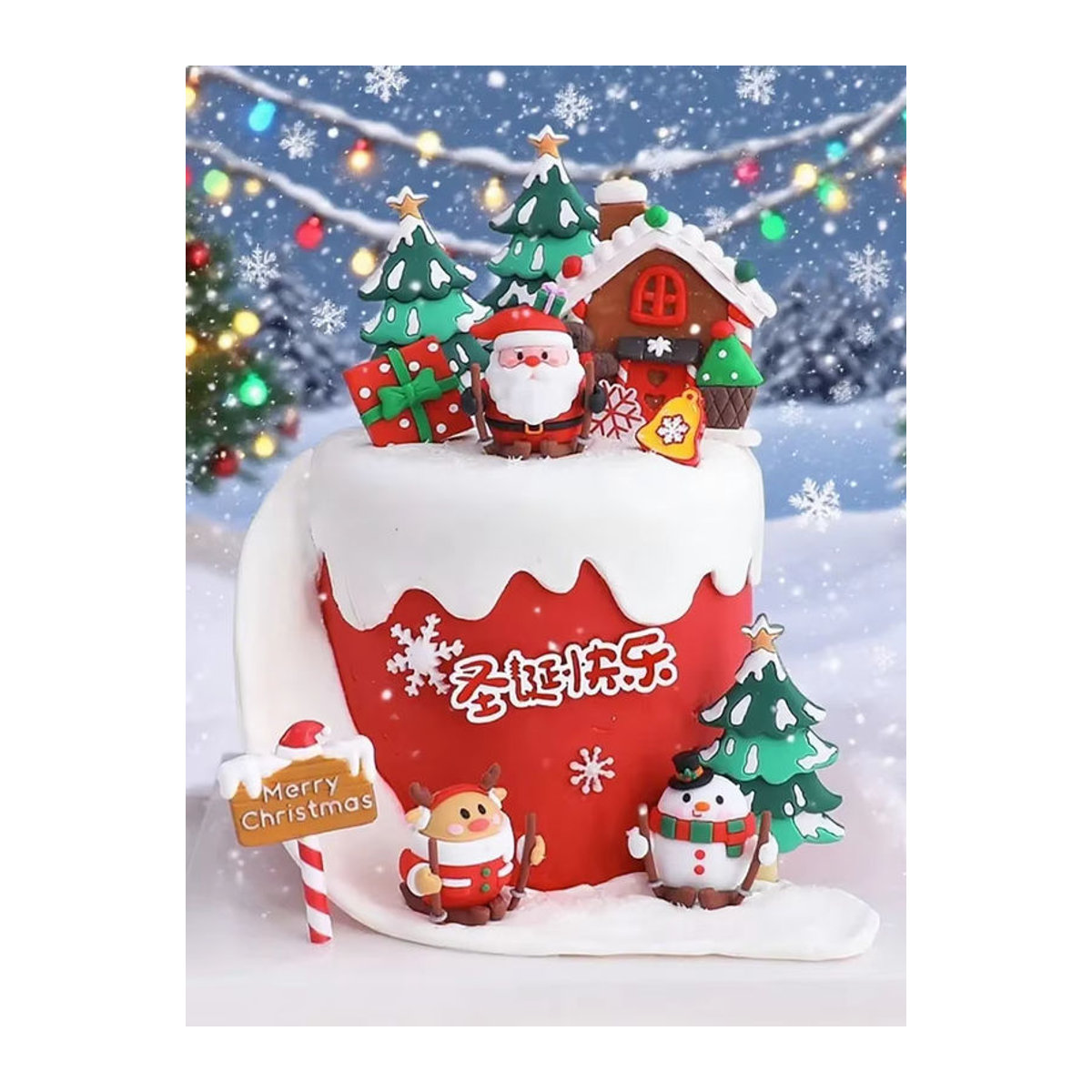 Mehrfarbiger Weihnachtskuchen-Topper aus Kunstharz mit Motiv Weihnachtsmann, Schneemann, Elch, Schlitten und Baumschmuck - Bild 2