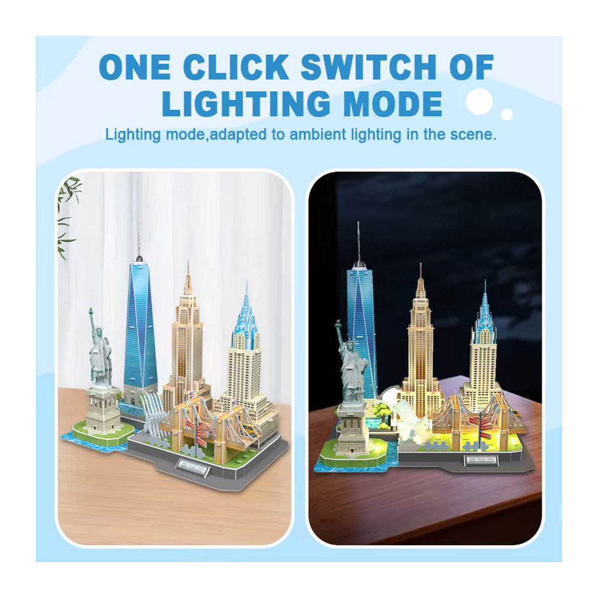 Mehrfarbiges 3D-Puzzle-Gebäudemodell aus Holz mit LED-Leuchten als DIY-Stadtlandschaft-Bausatz - Bild 2