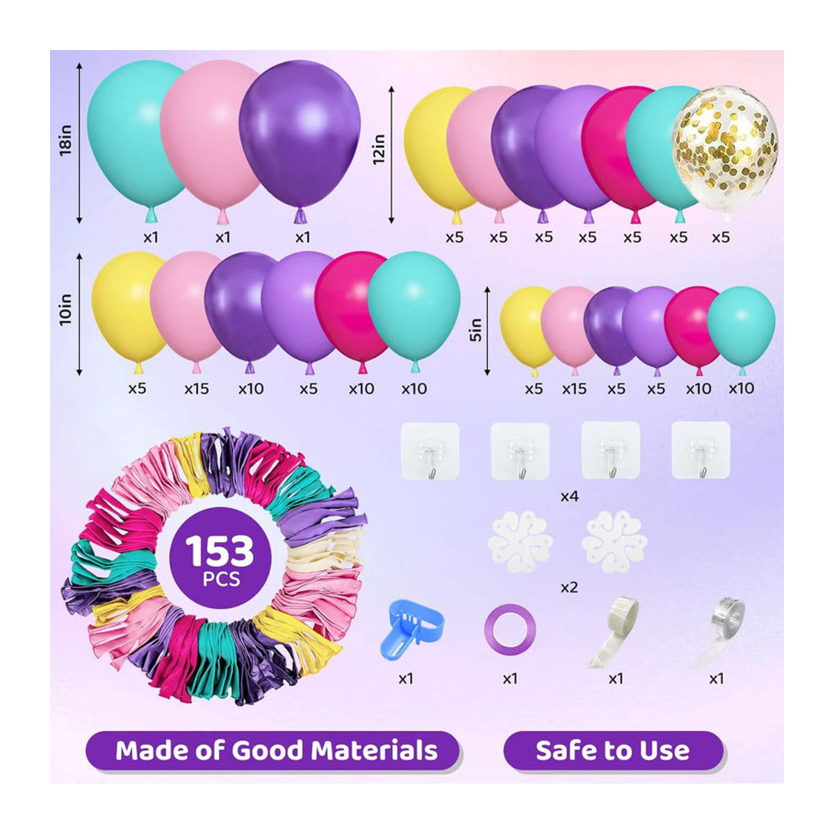 Mehrfarbiges Ballon-Girlandenbogen-Set aus Latex und Metall in Lila, Rosa und Blau mit Konfetti-Effekt, Durchmesser: 45,7 cm - Bild 1