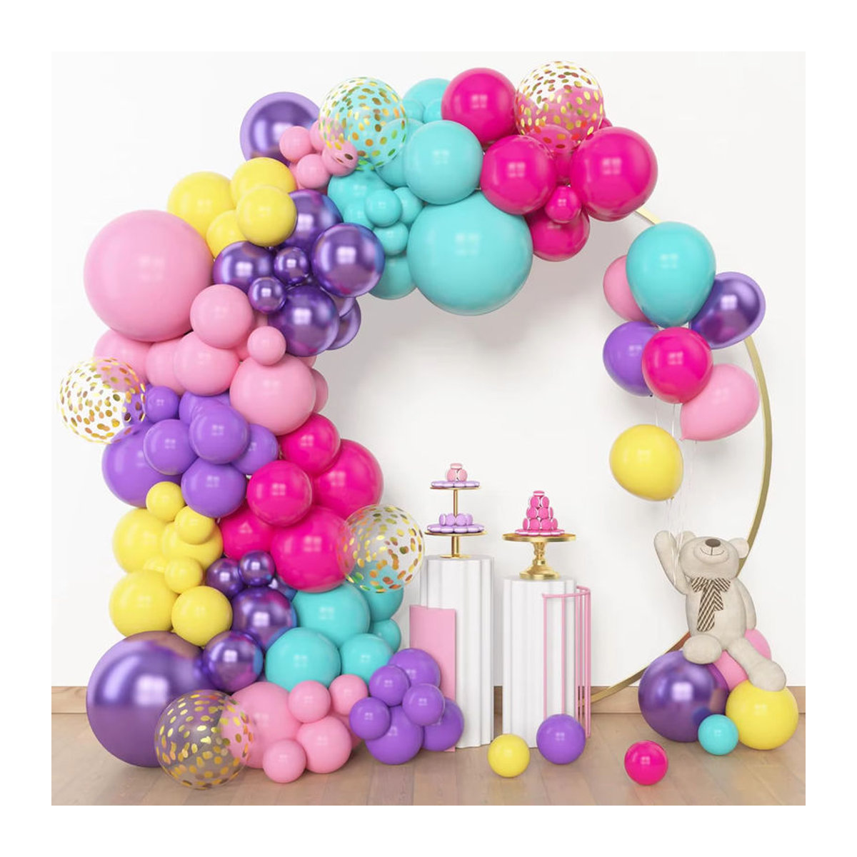 Mehrfarbiges Ballon-Girlandenbogen-Set aus Latex und Metall in Lila, Rosa und Blau mit Konfetti-Effekt, Durchmesser: 45,7 cm - Bild 2