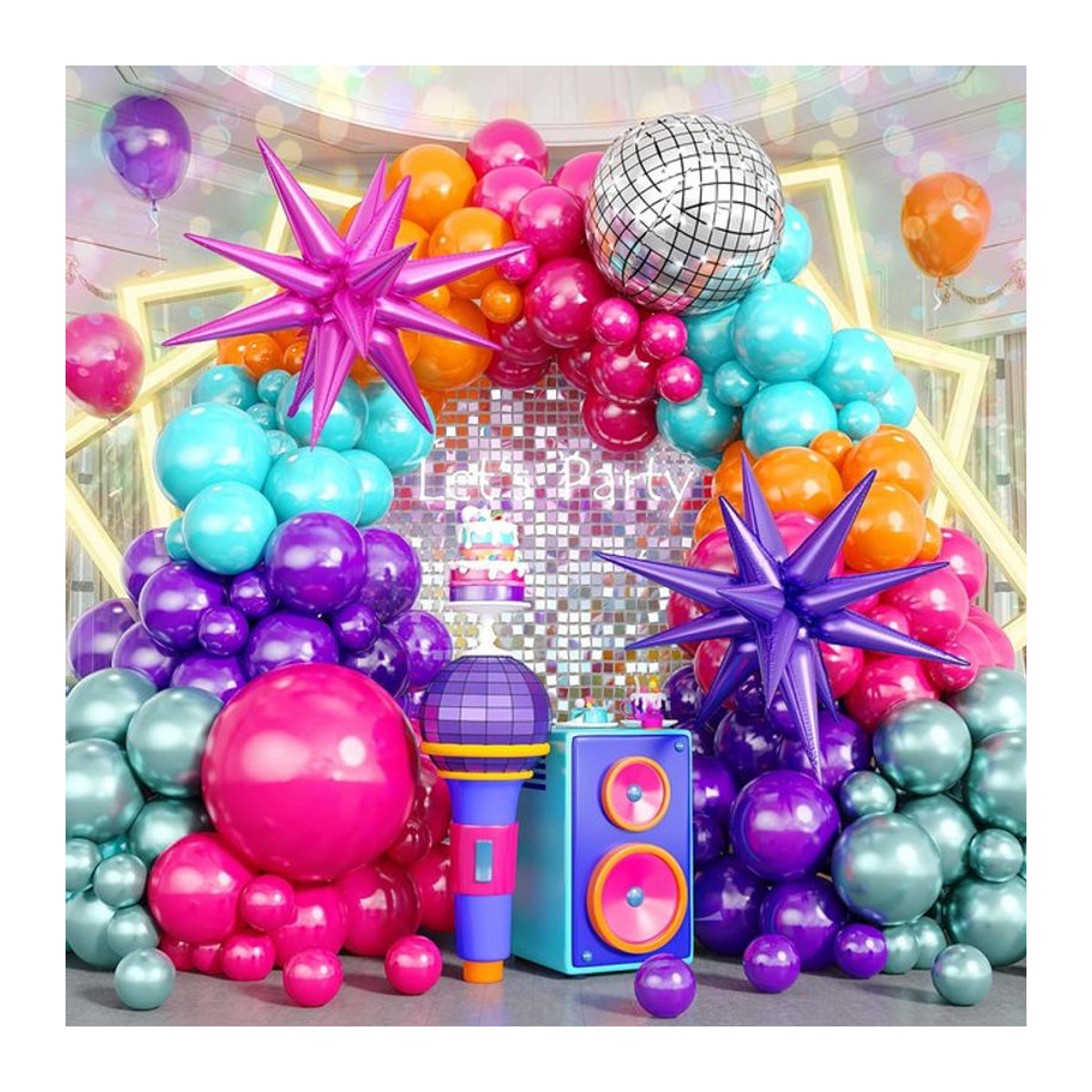 Mehrfarbiges Disco-Ballonbogen-Set aus Aluminiumfolie mit Sternen und Explosionssternen im Vintage-Stil zur Dekoration für Geburtstage und Musikfeste - Bild 1
