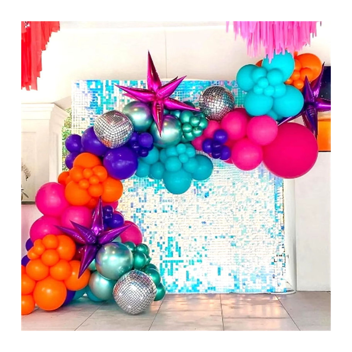 Mehrfarbiges Disco-Ballonbogen-Set aus Aluminiumfolie mit Sternen und Explosionssternen im Vintage-Stil zur Dekoration für Geburtstage und Musikfeste - Bild 2