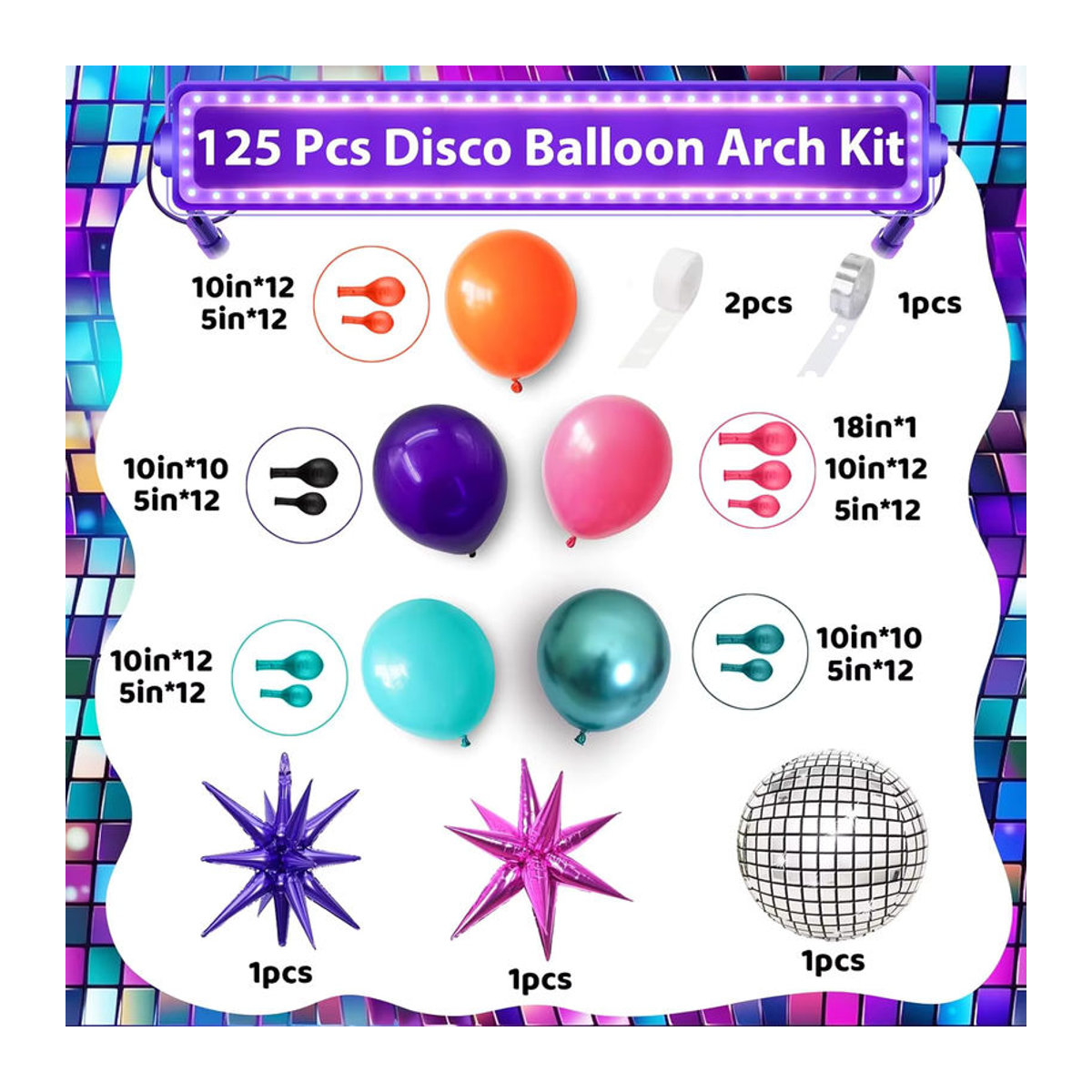 Mehrfarbiges Disco-Ballonbogen-Set aus Aluminiumfolie mit Sternen und Explosionssternen im Vintage-Stil zur Dekoration für Geburtstage und Musikfeste - Bild 4