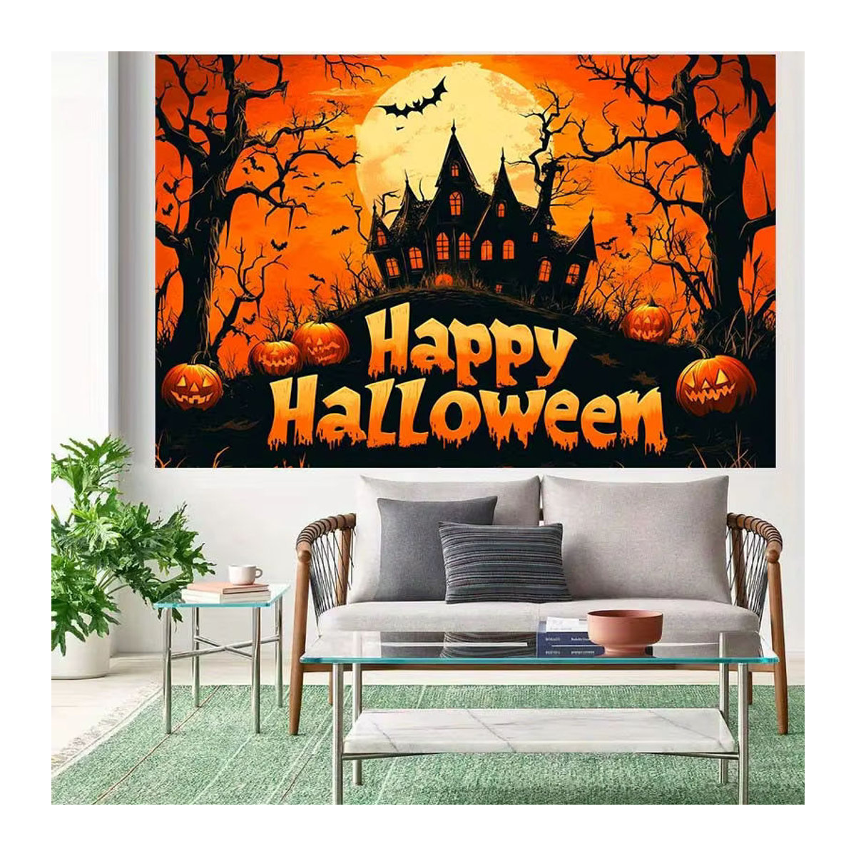 Mehrfarbiges Halloween-Banner als rechteckiges Hintergrundtuch für deine Horror-Dekoration - Bild 3
