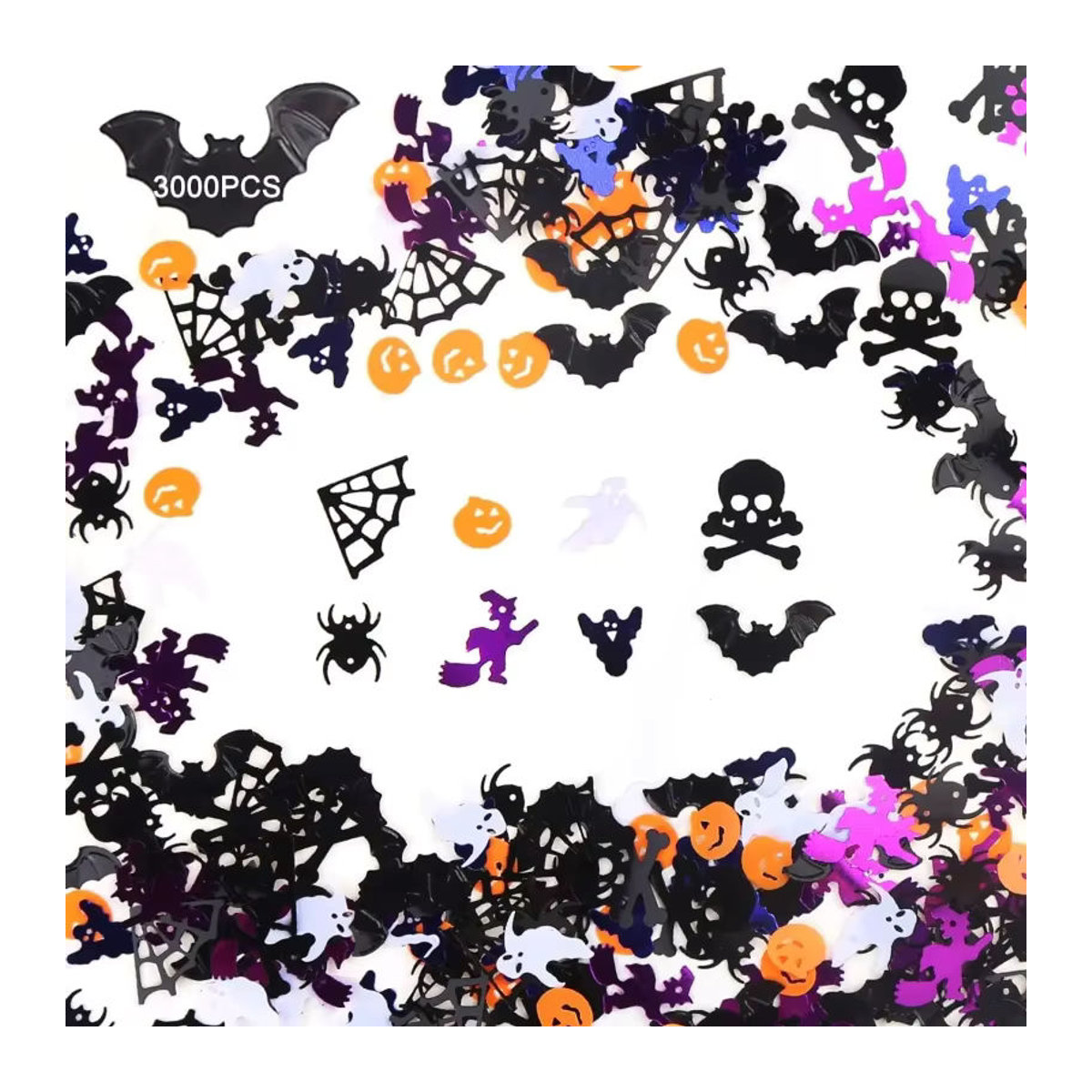 Mehrfarbiges Halloween-Konfetti mit Glitzer-Effekt in Formen wie Fledermäusen, Spinnen und Kürbissen als Tischstreuer für deine Halloween-Dekoration - Bild 4