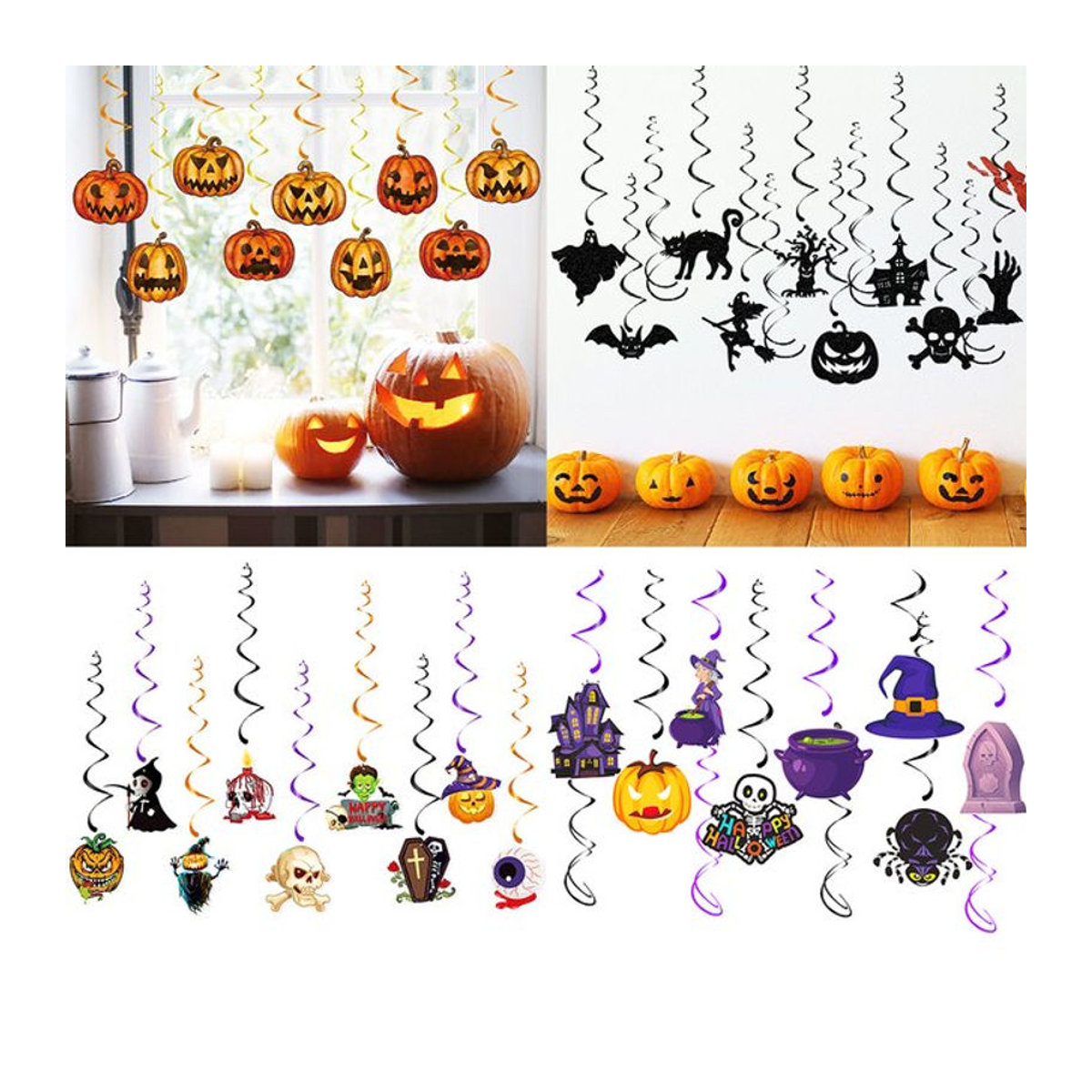 Mehrfarbiges Halloween Spiral Banner aus Papier mit Geist, Kürbis, Fledermaus und Schädel als hängende Partydekoration - Bild 1