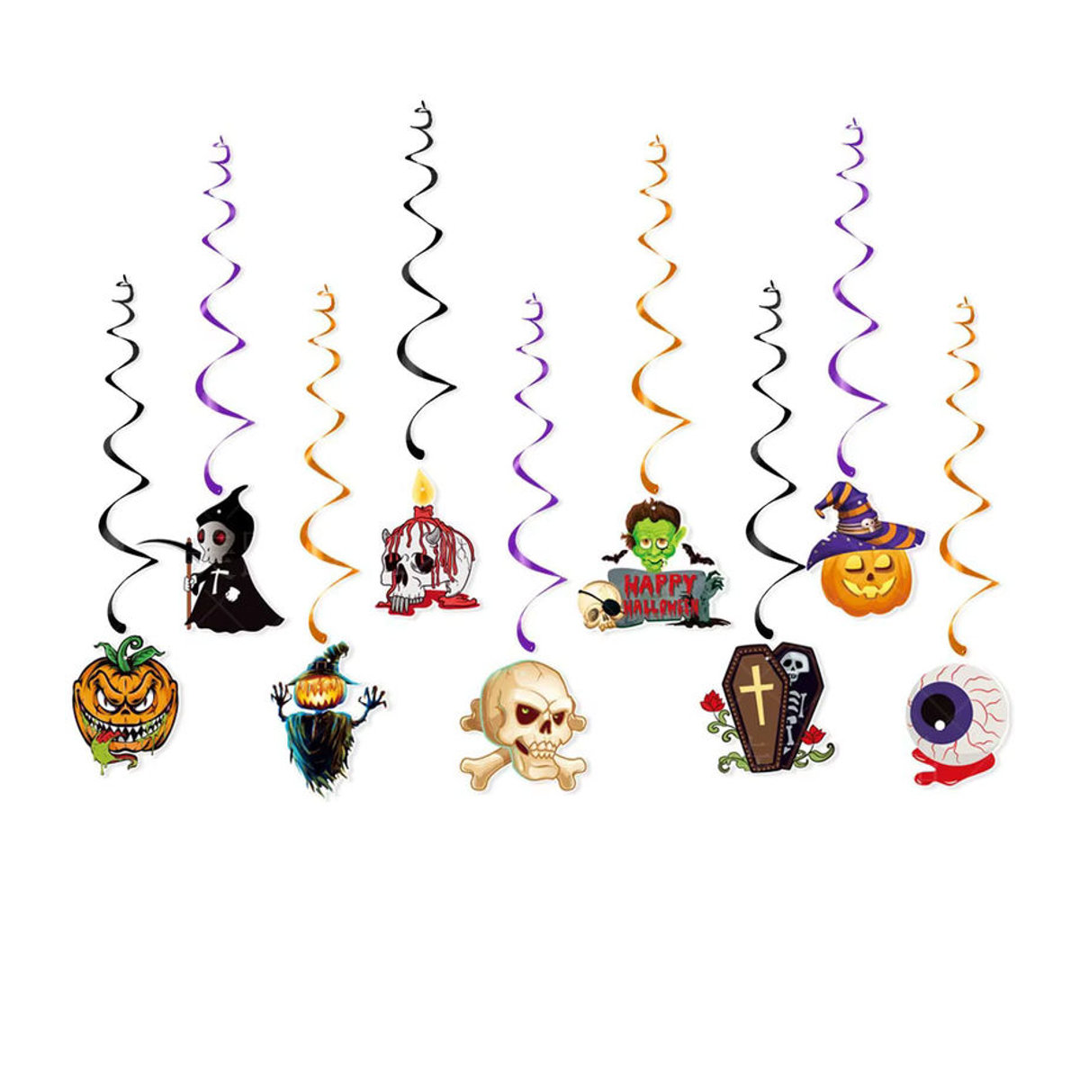 Mehrfarbiges Halloween Spiral Banner aus Papier mit Geist, Kürbis, Fledermaus und Schädel als hängende Partydekoration - Bild 2