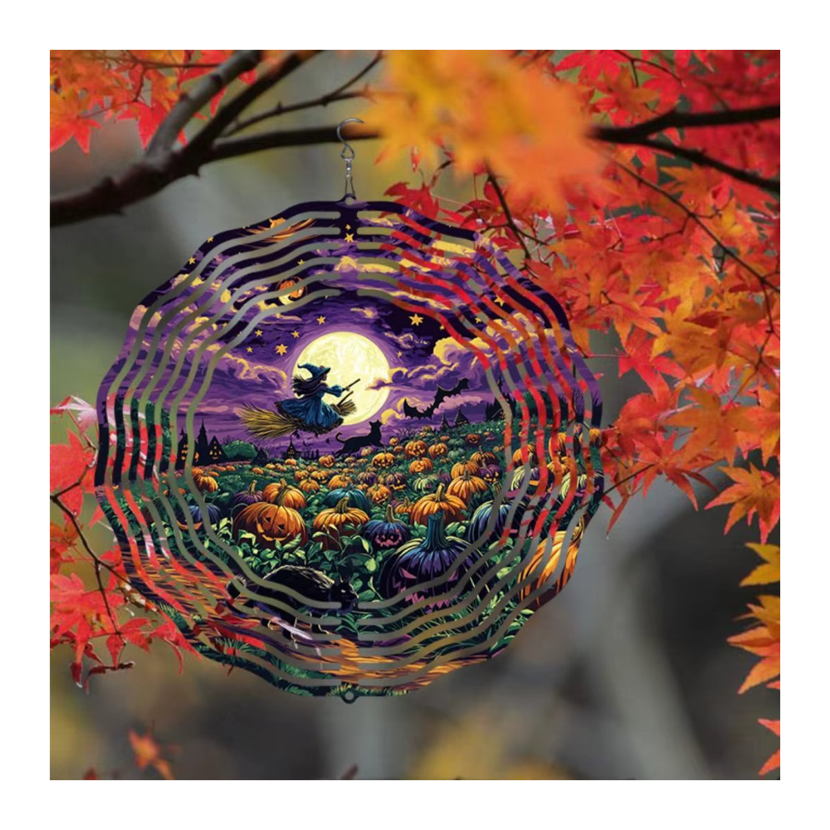 Mehrfarbiges Halloween-Windspiel aus Metall mit Hexenbesen, Kürbissen und Mond-Design als hängende Gartendekoration - Bild 6