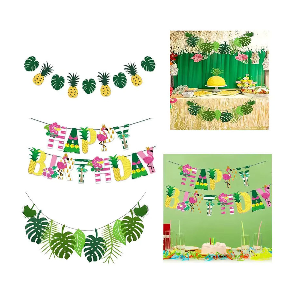 Mehrfarbiges Hawaii-Party-Banner aus Papier mit Flamingo- und Ananasblatt-Design als hängende Dekoration für deinen Geburtstag - Bild 1
