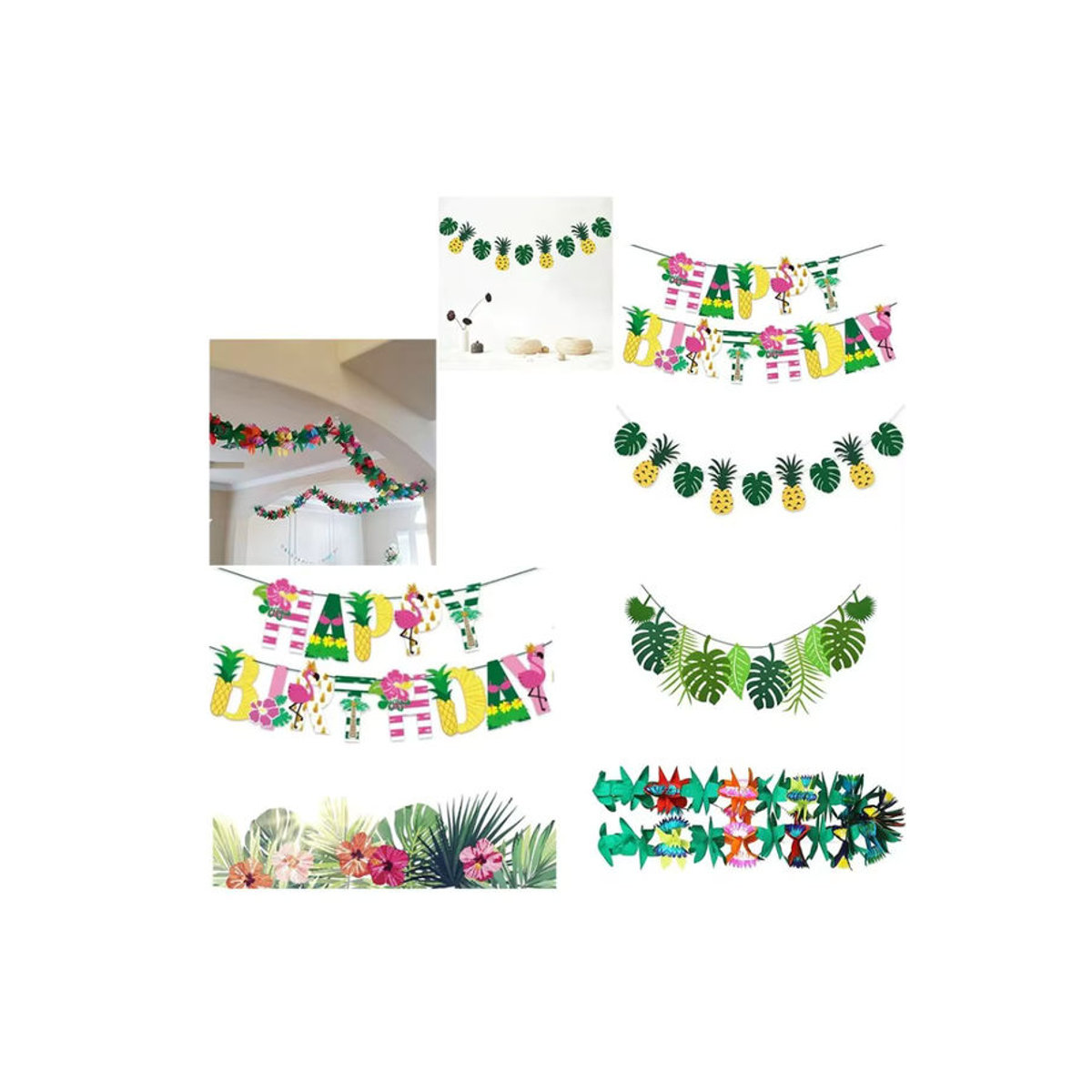 Mehrfarbiges Hawaii-Party-Banner aus Papier mit Flamingo- und Ananasblatt-Design als hängende Dekoration für deinen Geburtstag - Bild 3
