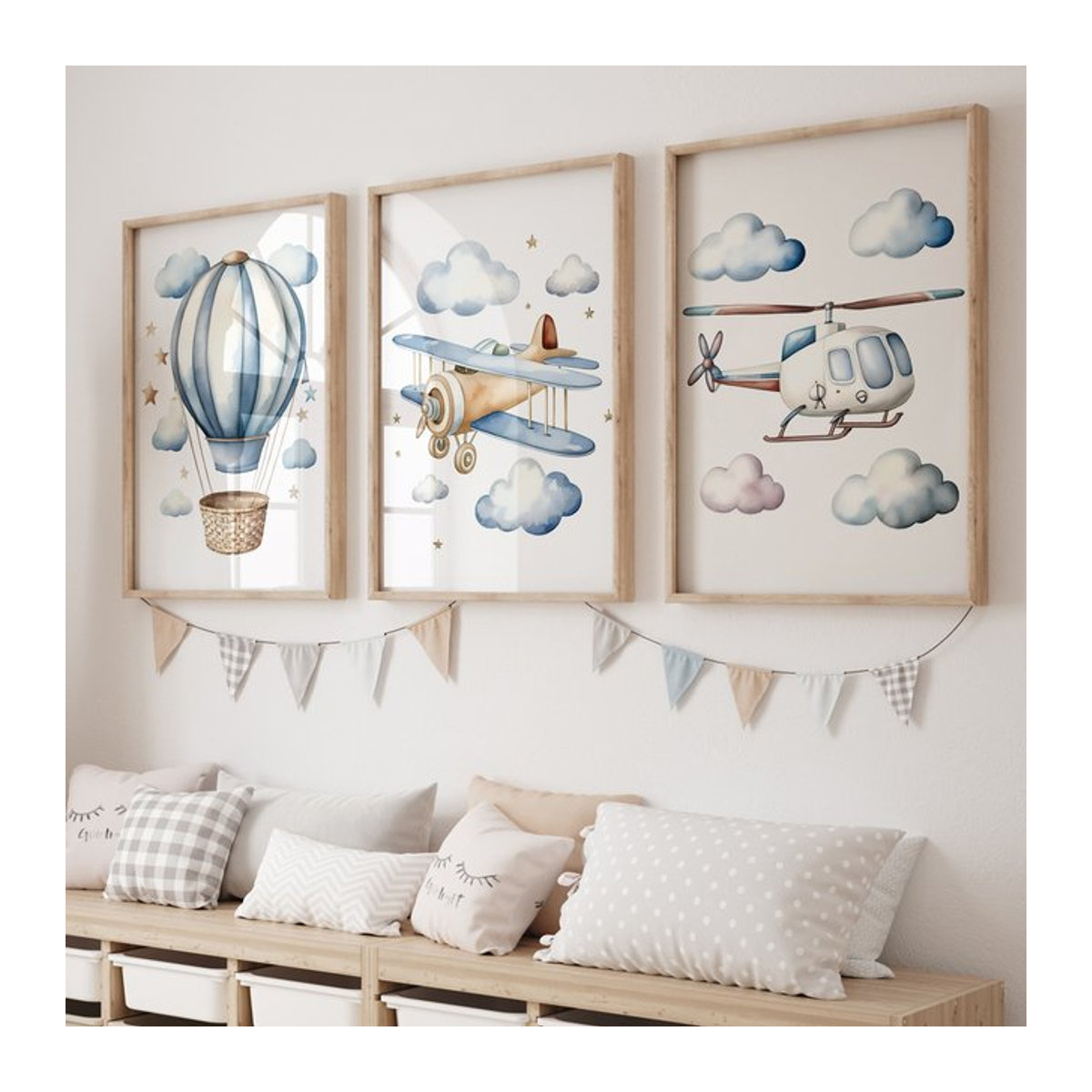 Mehrfarbiges Leinwand Poster für Kinder mit Cartoon Flugzeug Hubschrauber und Heißluftballon als Wandbild für dein Wohnzimmer - Bild 1