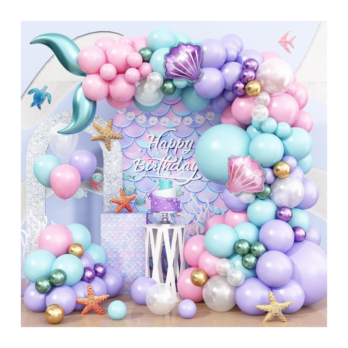 Mehrfarbiges Meerjungfrauen-Ballon-Set aus Latex mit Muschelballons und Meerjungfrauenschwanz in Rosa, Lila, Blau und Grün für Kindergeburtstage - Bild 1