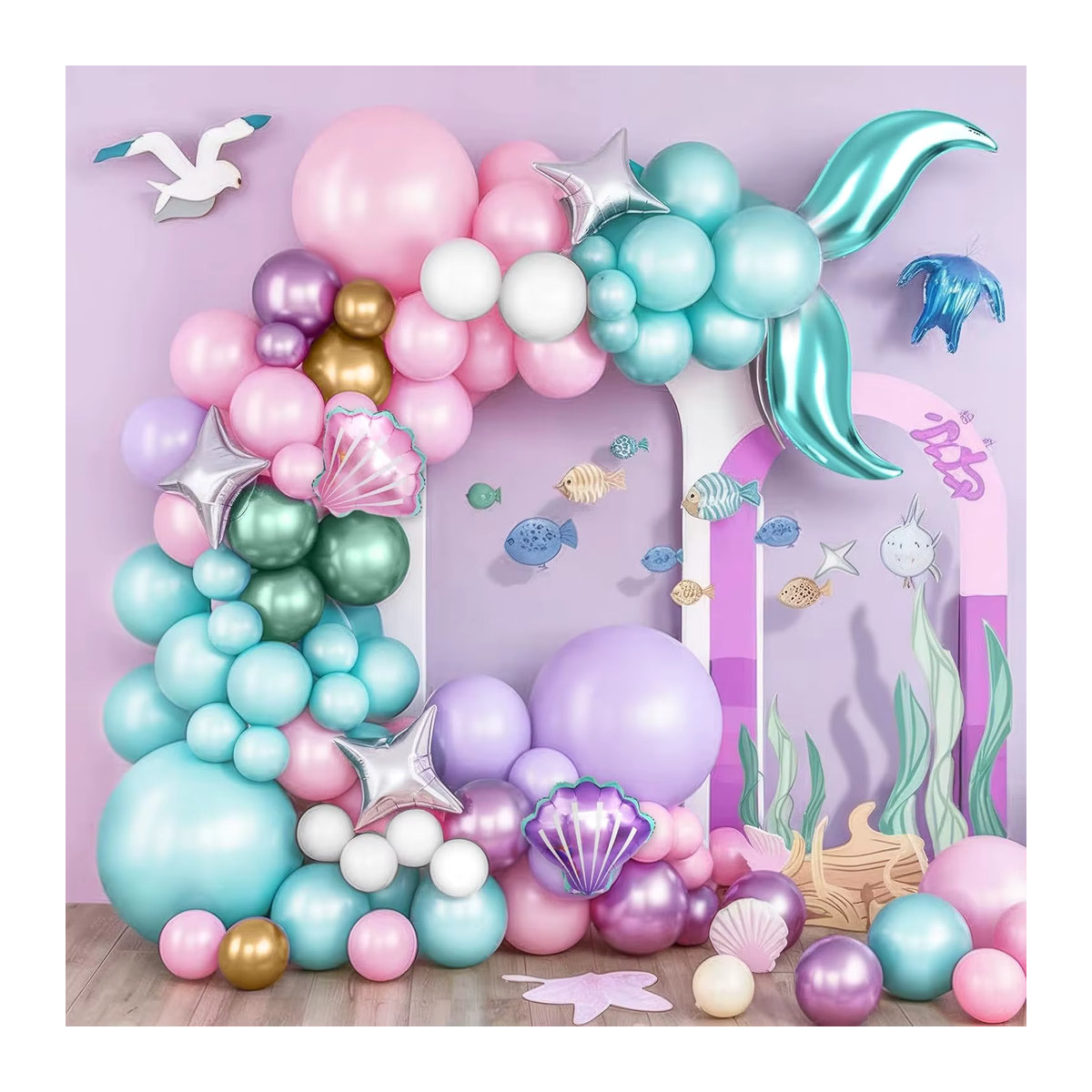 Mehrfarbiges Meerjungfrauen-Ballon-Set aus Latex mit Muschelballons und Meerjungfrauenschwanz in Rosa, Lila, Blau und Grün für Kindergeburtstage - Bild 2