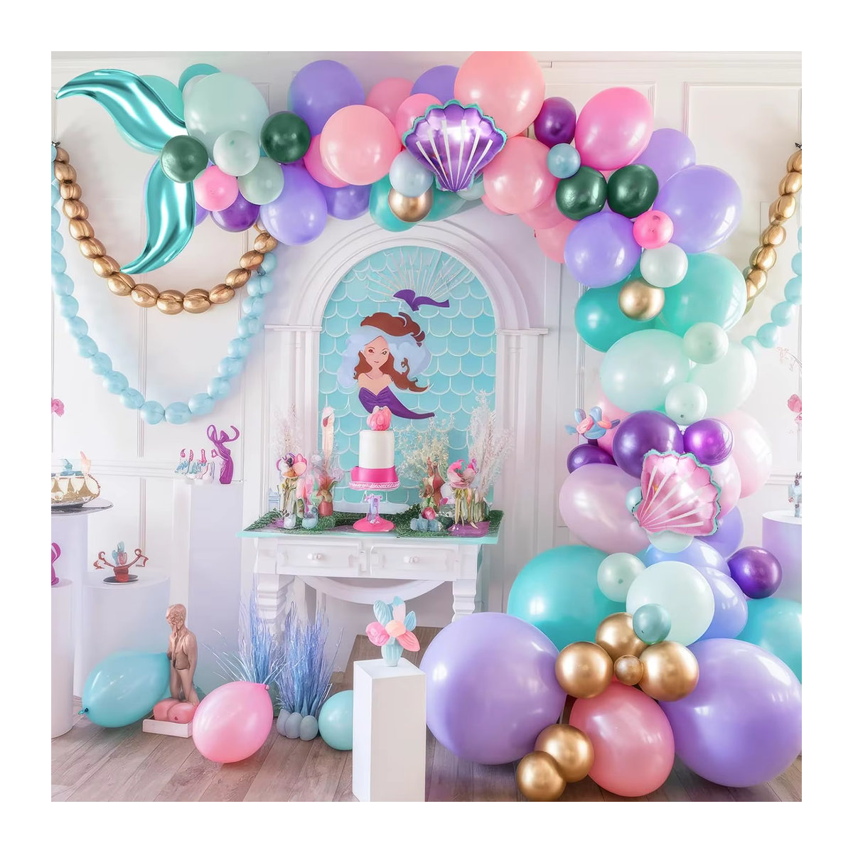 Mehrfarbiges Meerjungfrauen-Ballon-Set aus Latex mit Muschelballons und Meerjungfrauenschwanz in Rosa, Lila, Blau und Grün für Kindergeburtstage - Bild 3