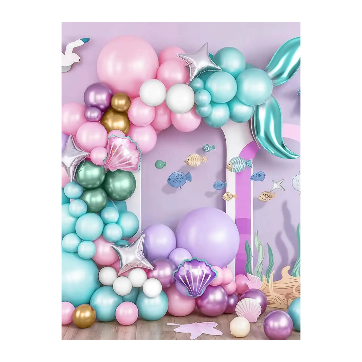 Mehrfarbiges Meerjungfrauen-Ballon-Set aus Latex mit Muschelballons und Meerjungfrauenschwanz in Rosa, Lila, Blau und Grün für Kindergeburtstage - Bild 4