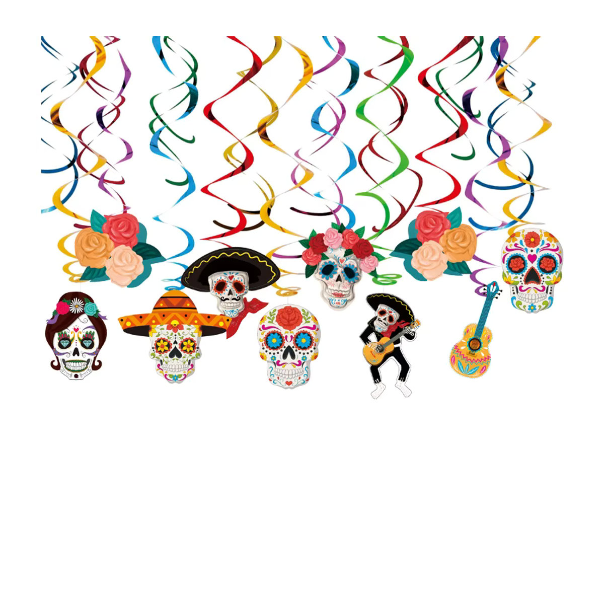 Mehrfarbiges Mexiko Tag der Toten Banner mit Totenköpfen und Blumen als hängende Partydekoration aus Papier - Bild 2