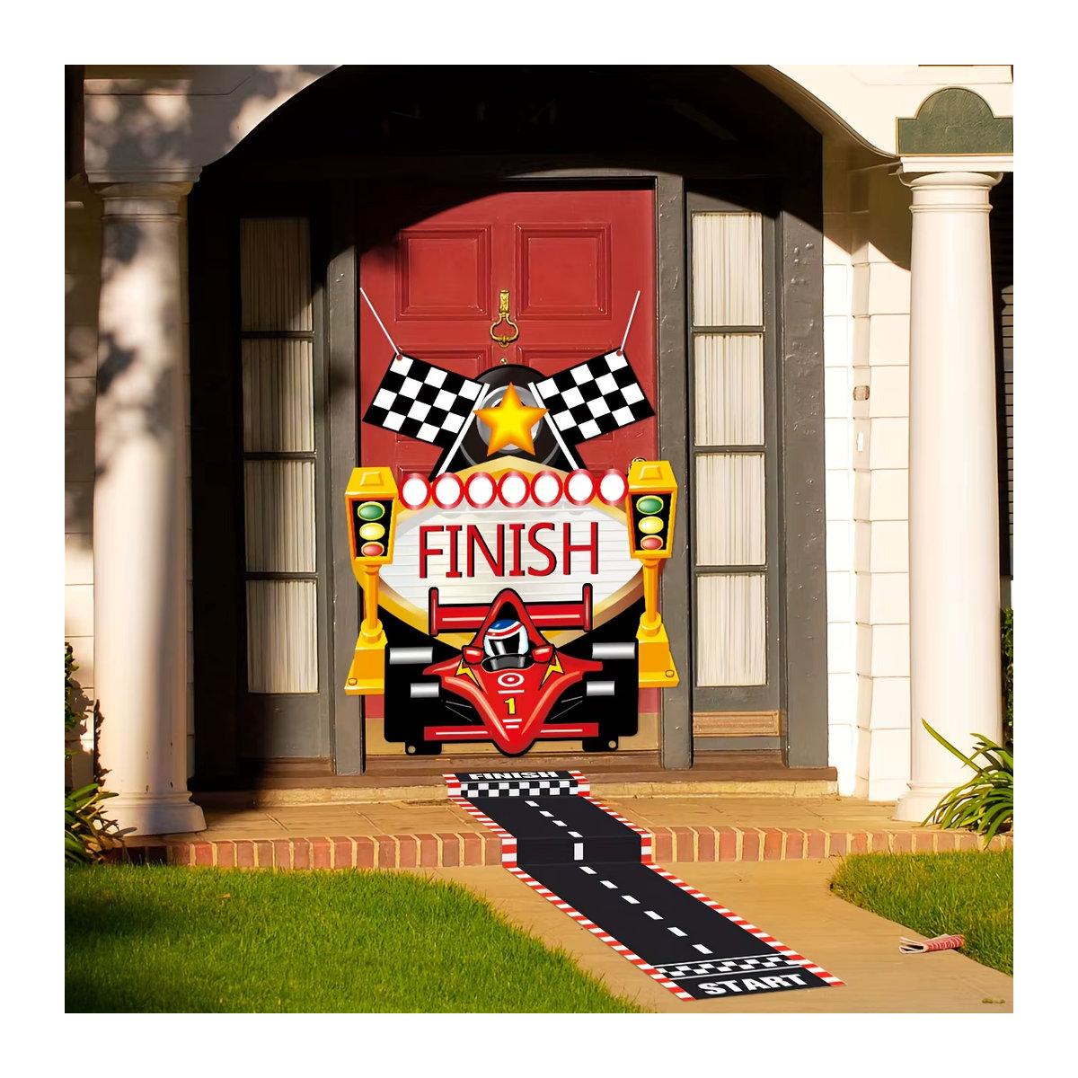 Mehrfarbiges Rennwagen-Party-Banner mit Checkered-Design als hängende Dekoration für Kindergeburtstage aus Textil - Bild 2