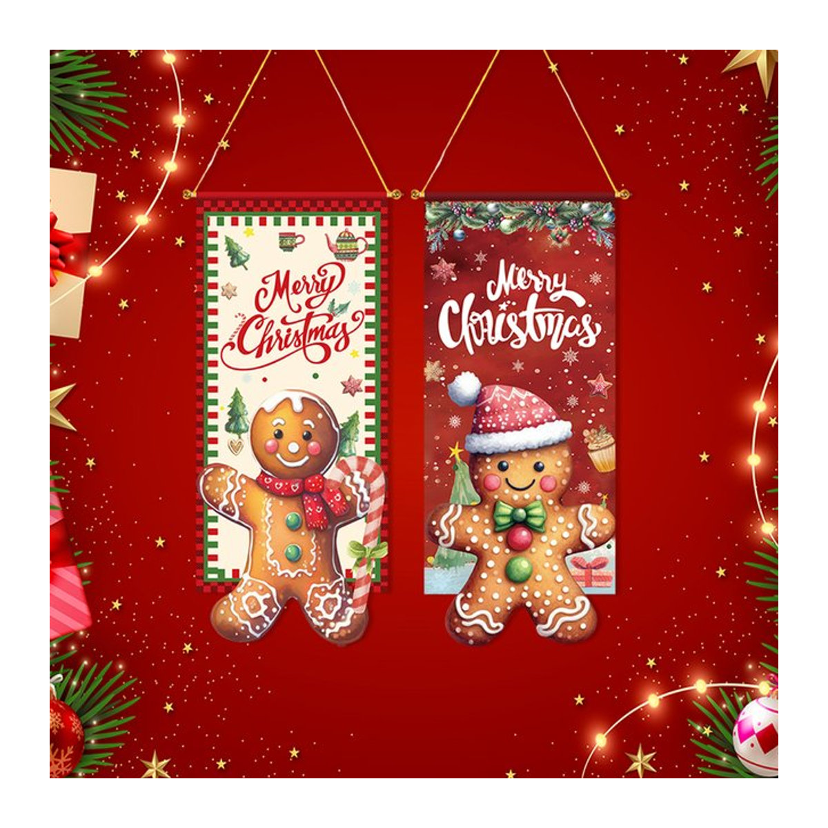 Mehrfarbiges Weihnachts-Hängeornament aus Stoff mit Lebkuchenmann-Figur und Schriftzug - Bild 1