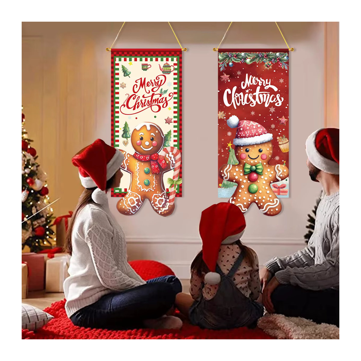 Mehrfarbiges Weihnachts-Hängeornament aus Stoff mit Lebkuchenmann-Figur und Schriftzug - Bild 3