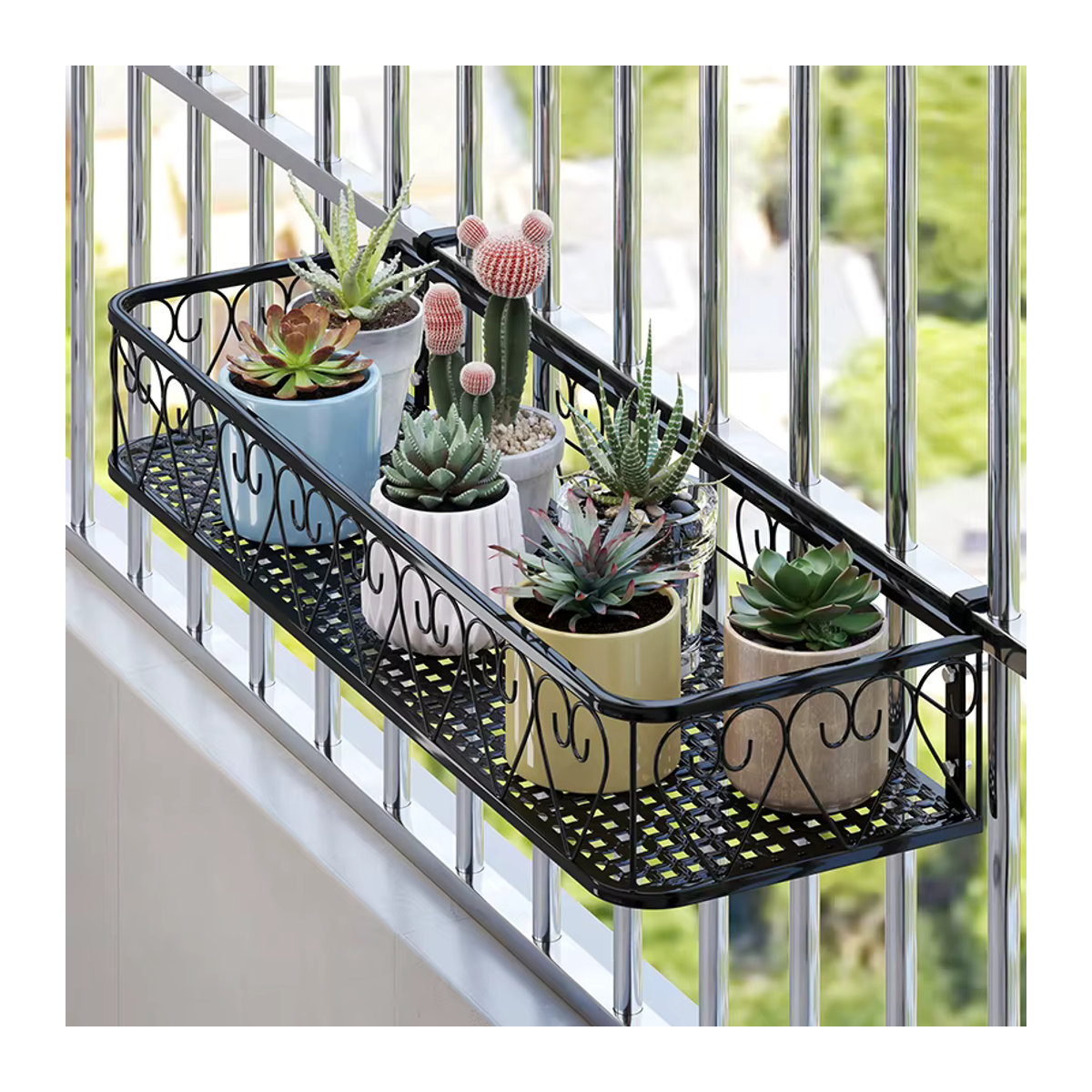 Mehrschichtiges Balkon Blumenregal aus Schmiedeeisen in Schwarz für Geländer und Wandmontage - Bild 2