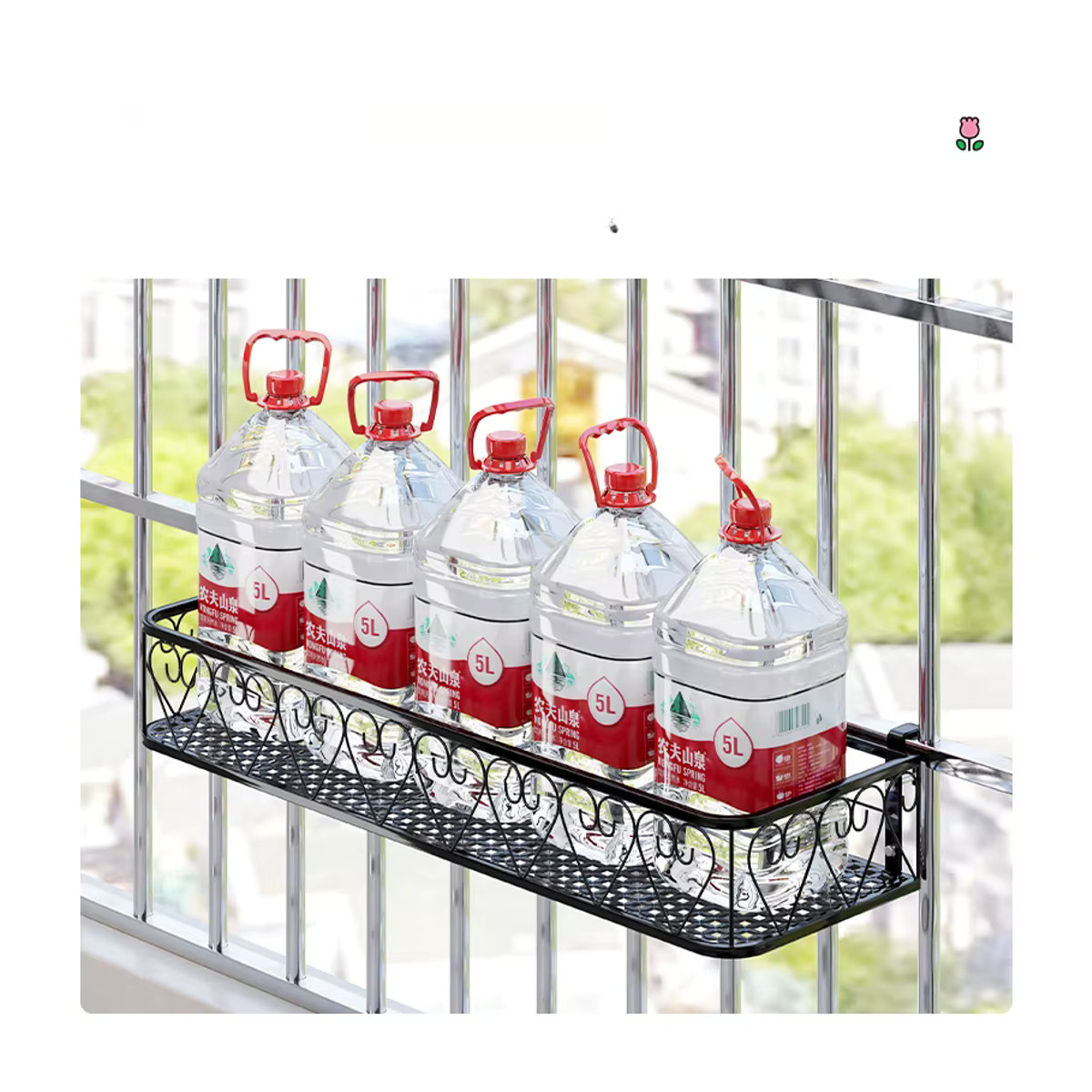 Mehrschichtiges Balkon Blumenregal aus Schmiedeeisen in Schwarz für Geländer und Wandmontage - Bild 3