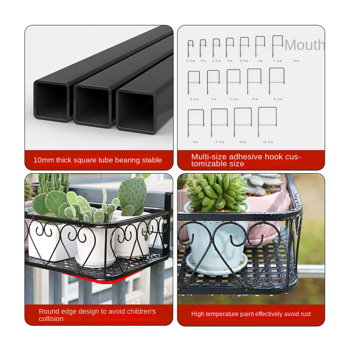 Mehrschichtiges Balkon Blumenregal aus Schmiedeeisen in Schwarz für Geländer und Wandmontage - Bild 4