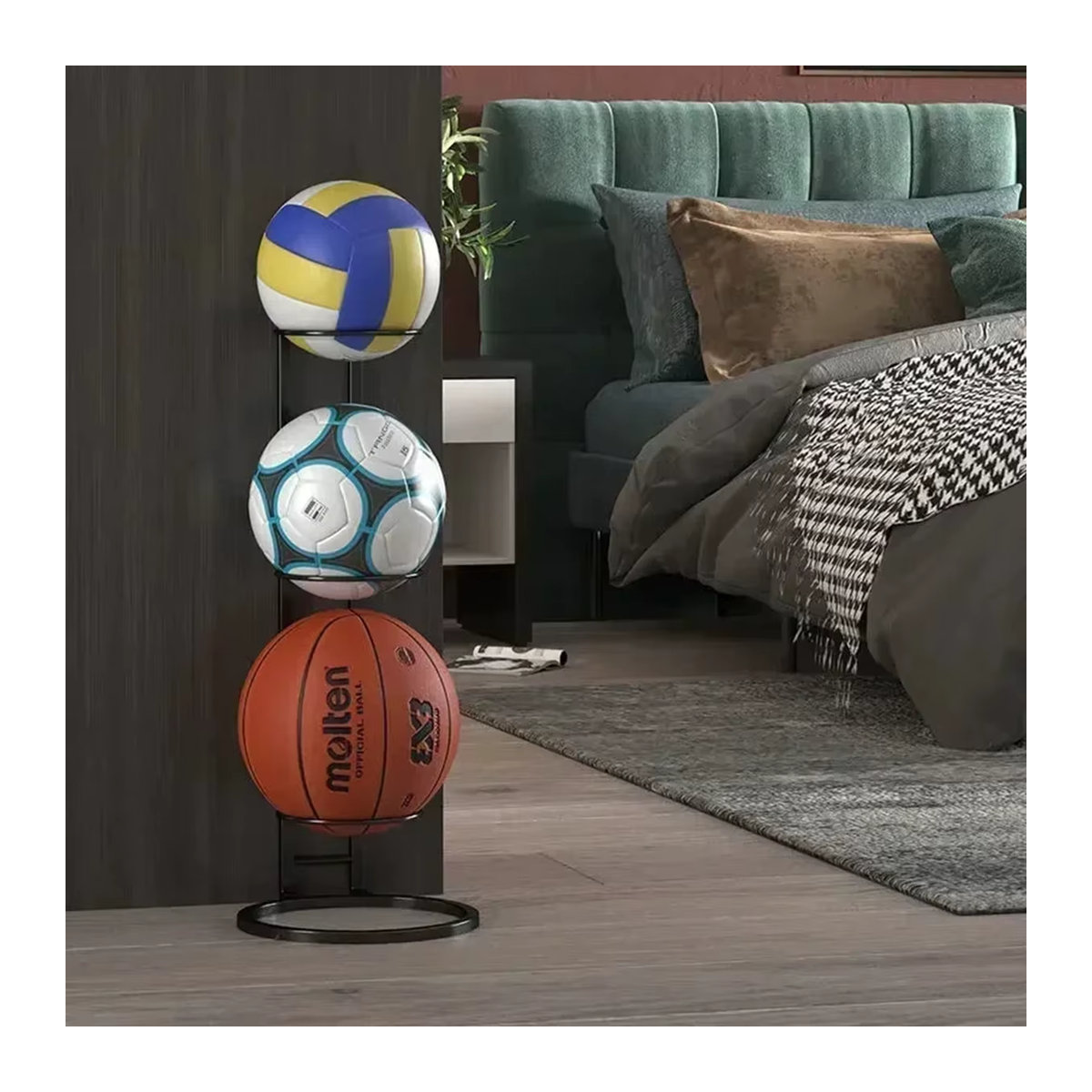 Mehrschichtiges Basketball- und Fußball-Displayregal aus Gusseisen in Schwarz für Kinder und Kindergarten - Bild 4