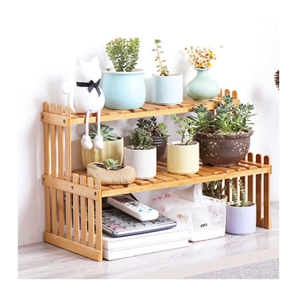 Mehrschichtiges Blumenregal aus Bambus in Braun für Wohnzimmer, Balkon und Büro - Bild 2