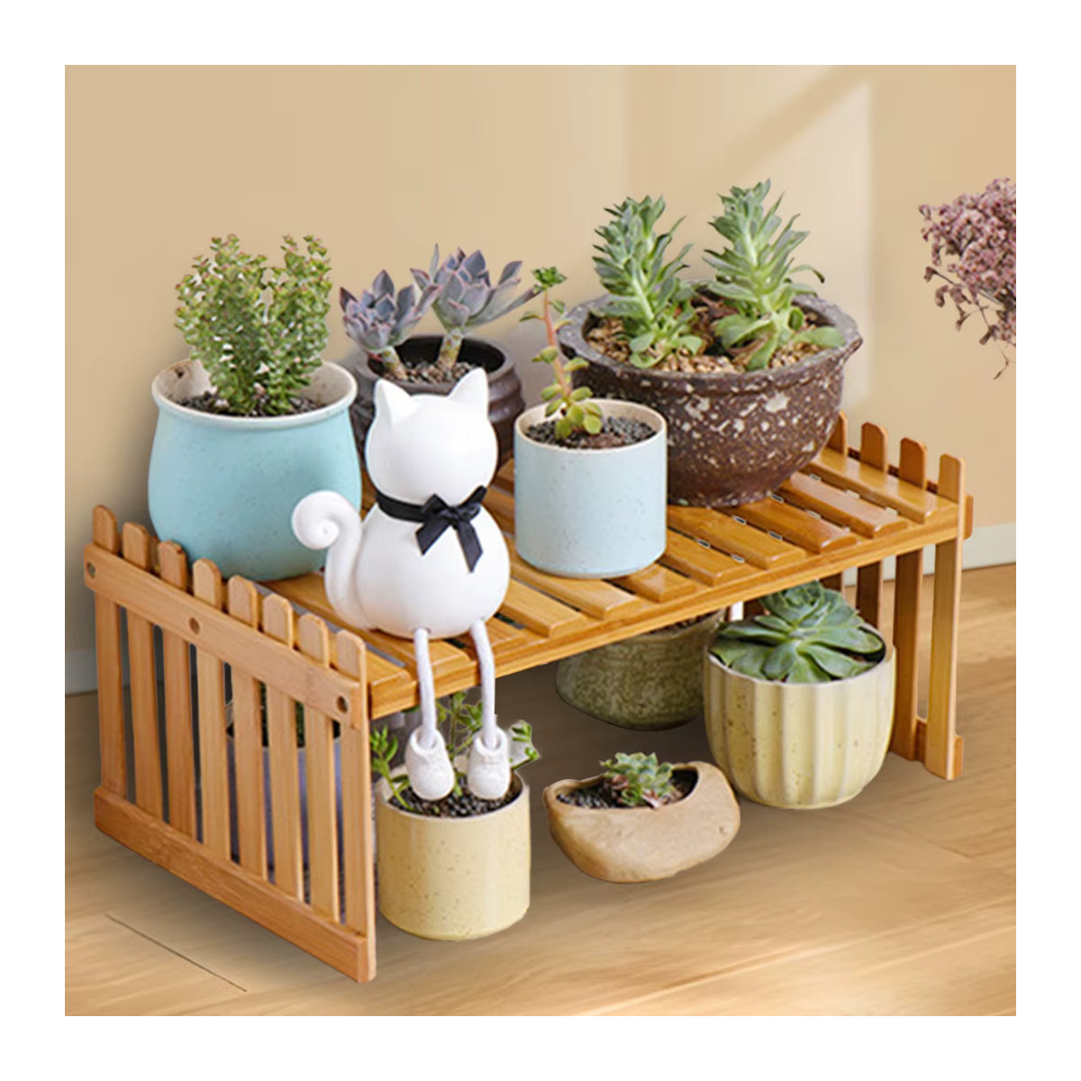 Mehrschichtiges Blumenregal aus Bambus in Braun für Wohnzimmer, Balkon und Büro - Bild 3