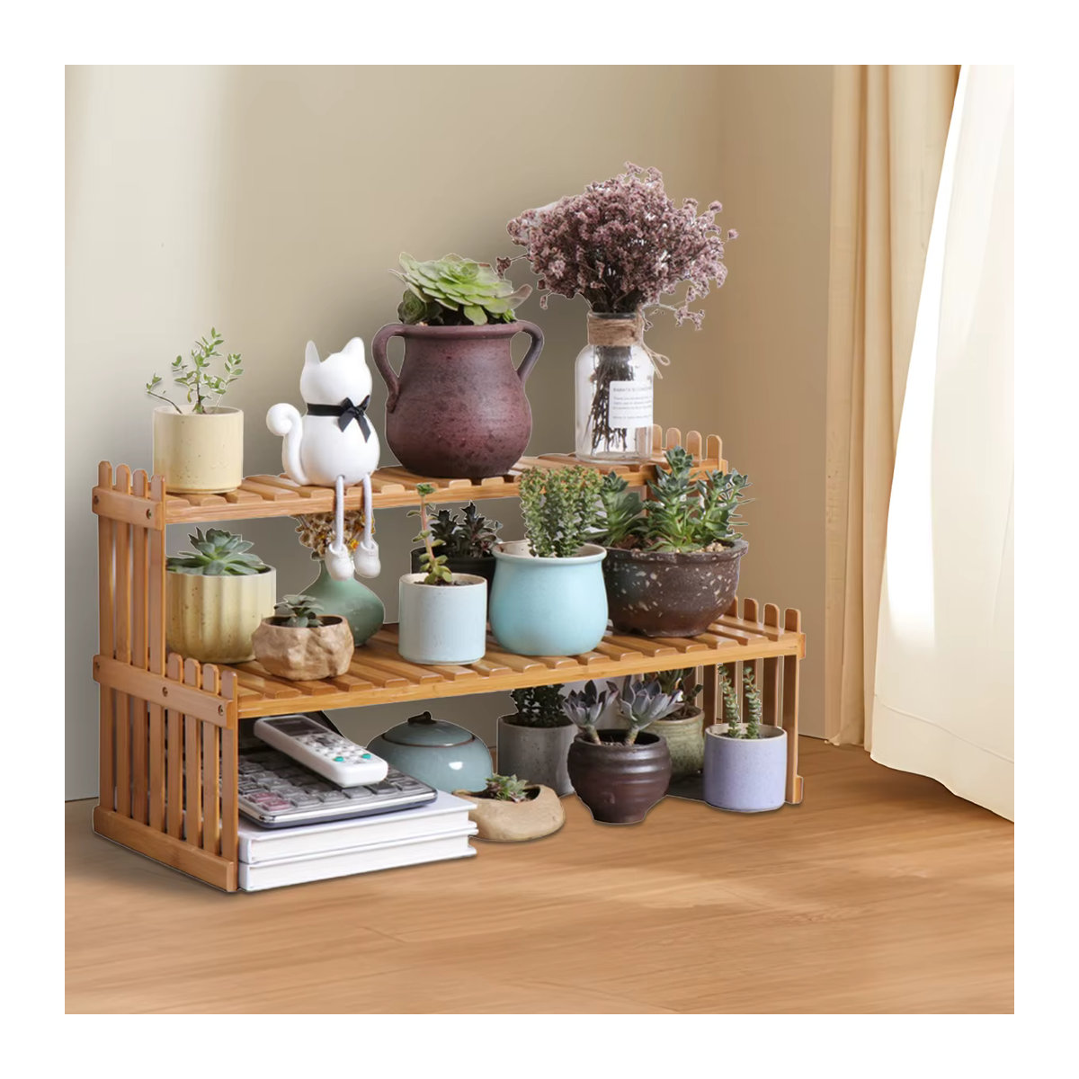 Mehrschichtiges Blumenregal aus Bambus in Braun für Wohnzimmer, Balkon und Büro - Bild 4