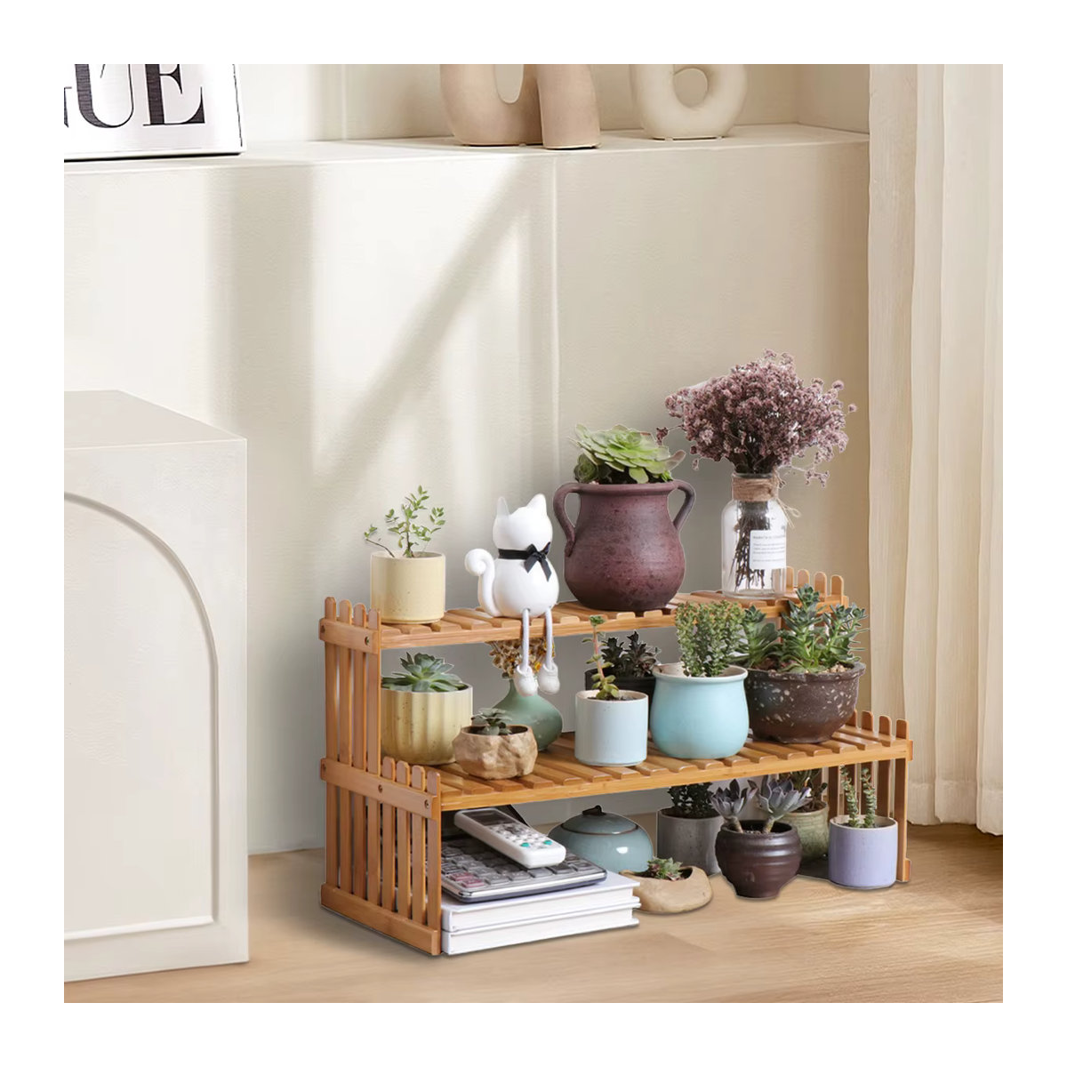 Mehrschichtiges Blumenregal aus Bambus in Braun für Wohnzimmer, Balkon und Büro - Bild 5