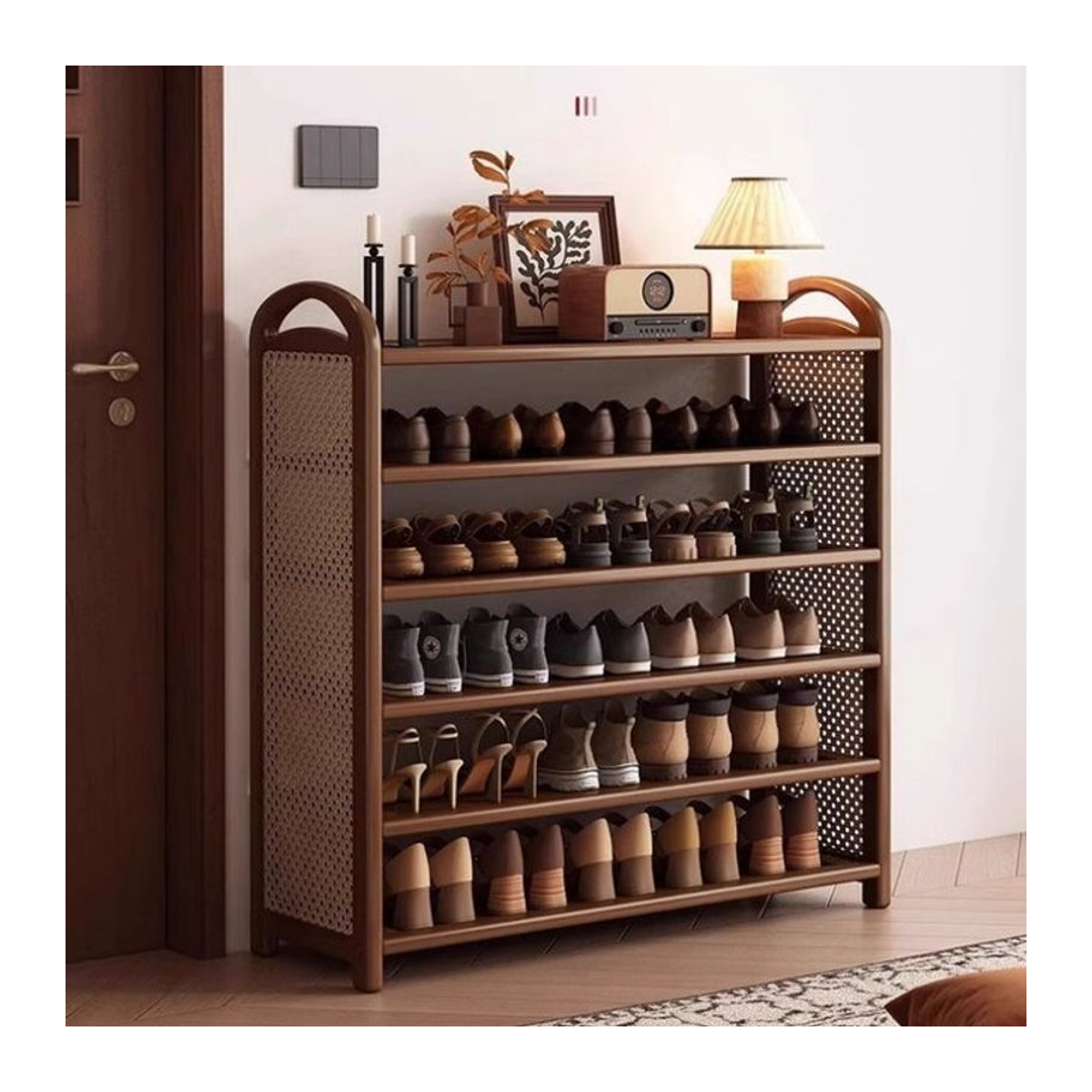 Mehrschichtiges Schuhregal im Retro-Stil mit Rattangeflecht in Braun - Bild 1