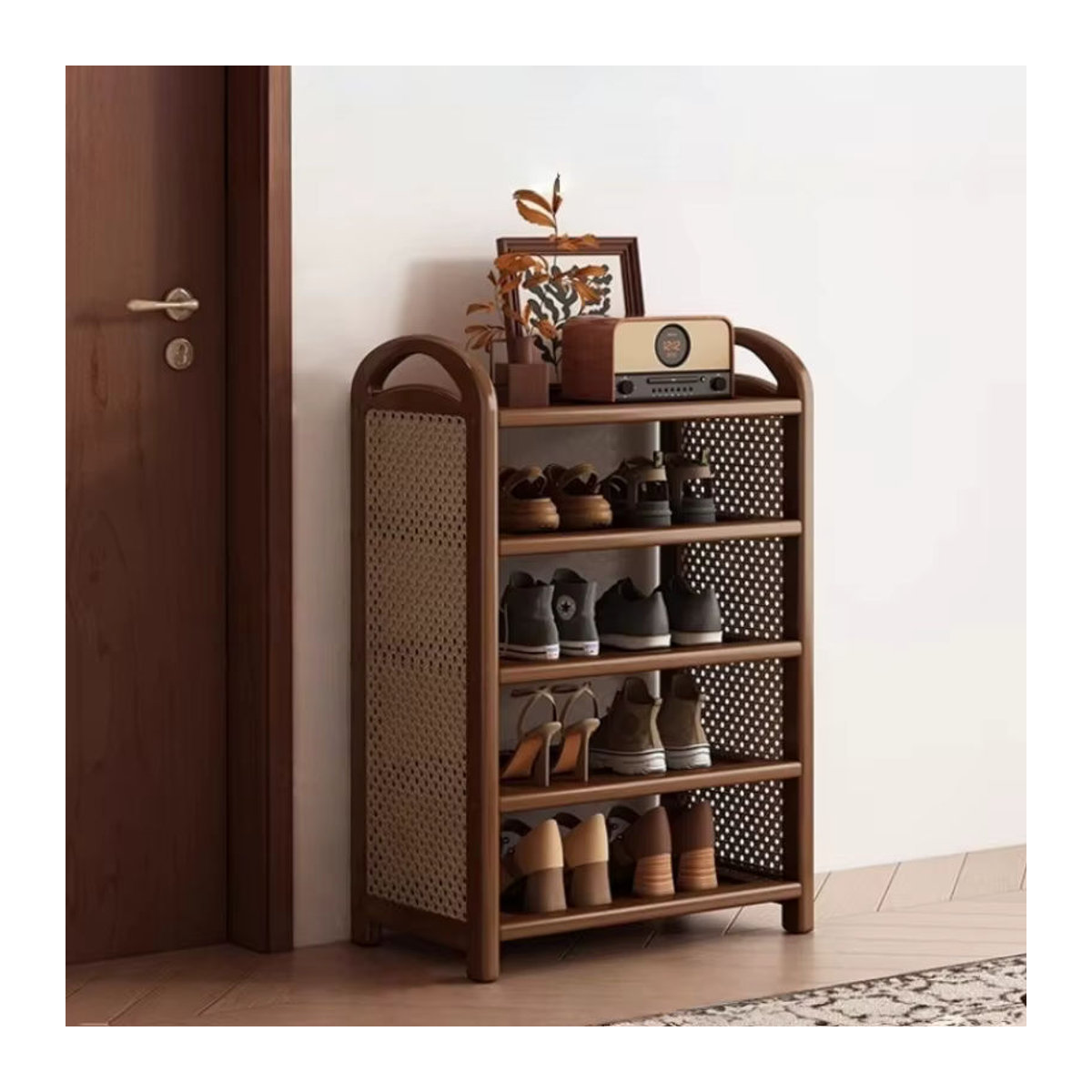 Mehrschichtiges Schuhregal im Retro-Stil mit Rattangeflecht in Braun - Bild 6