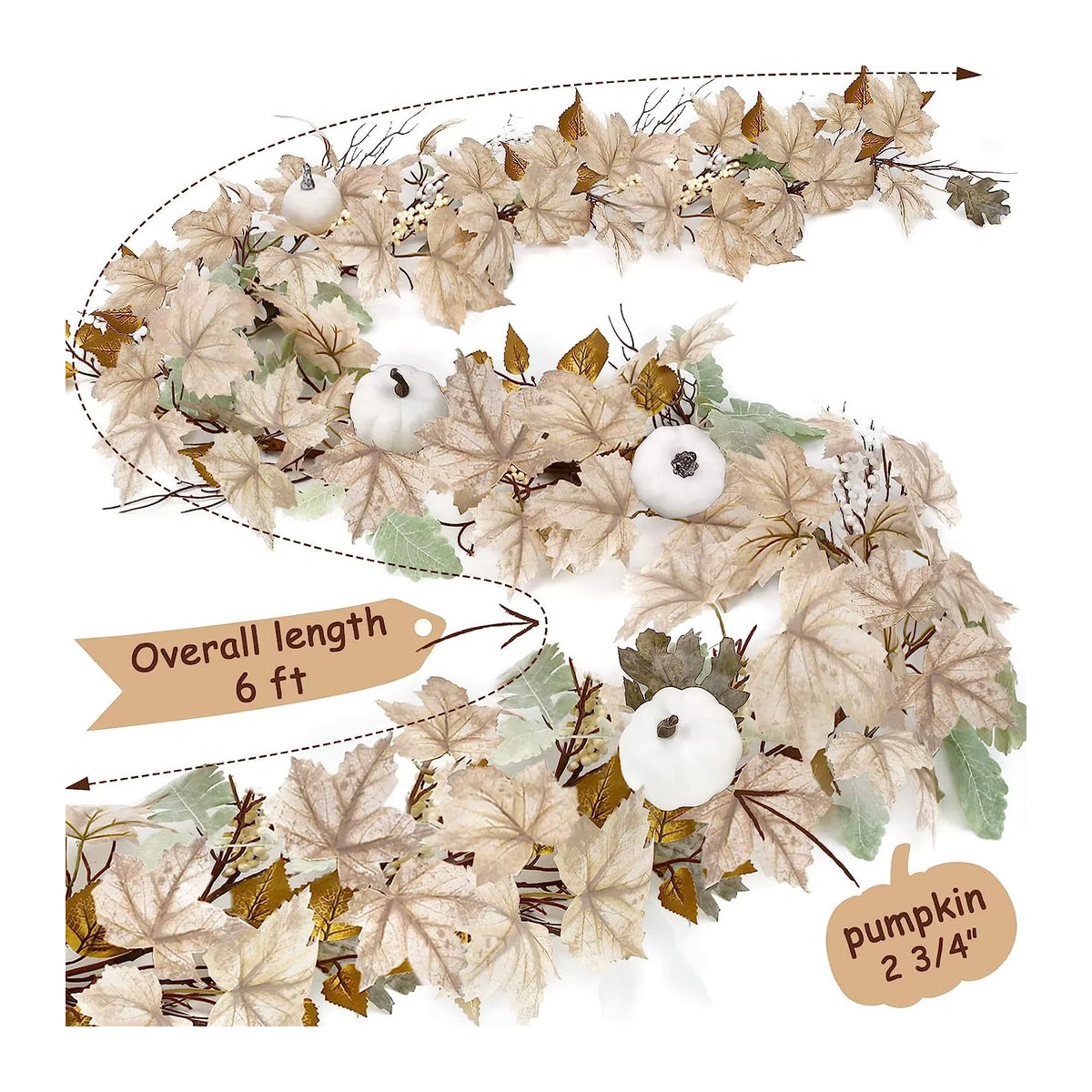Meidding Herbstgirlande in Beige mit Ahornblättern, Kürbissen und Beeren für eine rustikale Halloween und Thanksgiving Dekoration - Bild 6