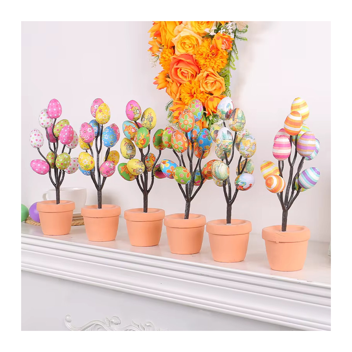 Meidding Oster-Blumentopf mit buntem floralem Design in abstrakter Malerei, mehrfarbiges Tisch-Ornament aus Schaum für Ostern und Frühling - Bild 2