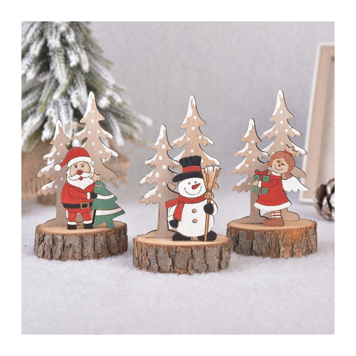 Meidding Rustikales Holz-Desktop-Ornament Weihnachtsmann und Schneemann in Braun und Mehrfarbig - Bild 1