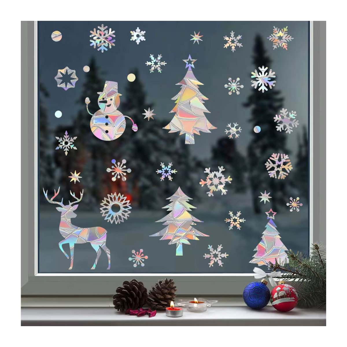 Meidding Weihnachts Fensteraufkleber Regenbogen Laser-Effekt mit Schneeflocken und Schneemann für Neujahr und Dekoration, mehrfarbig - Bild 4