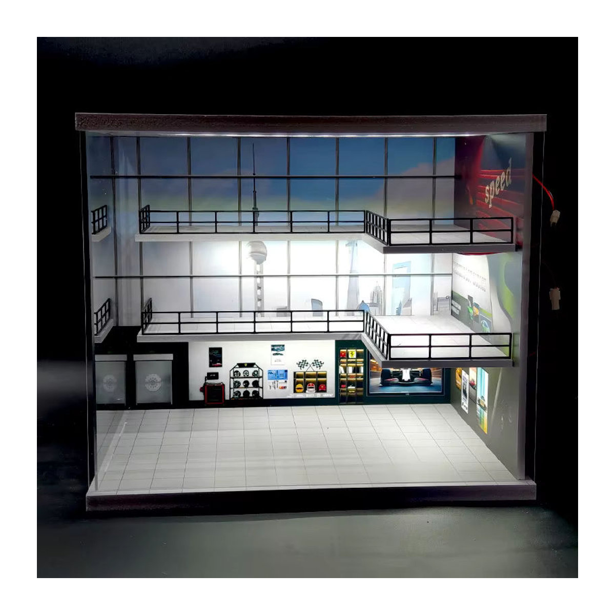 Meiduoxing 1:64 Auto-Parkplatz Garage Vitrine mit LED-Beleuchtung, Miniatur-Diorama aus Kunststoff in Silber und Weiß - Bild 1