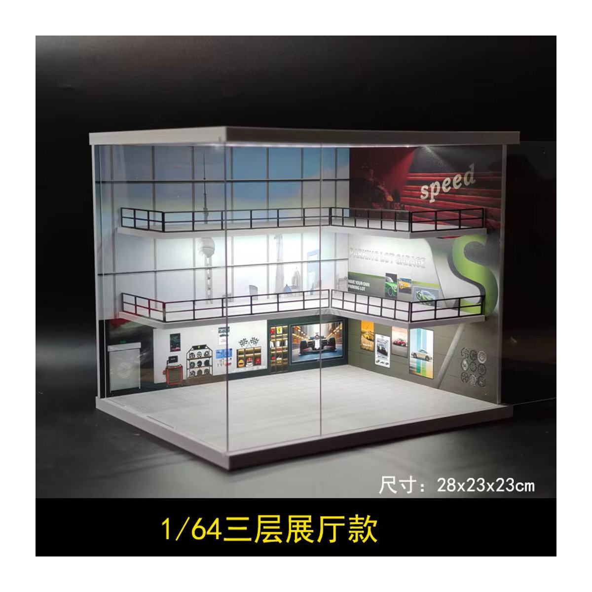 Meiduoxing 1:64 Auto-Parkplatz Garage Vitrine mit LED-Beleuchtung, Miniatur-Diorama aus Kunststoff in Silber und Weiß - Bild 2