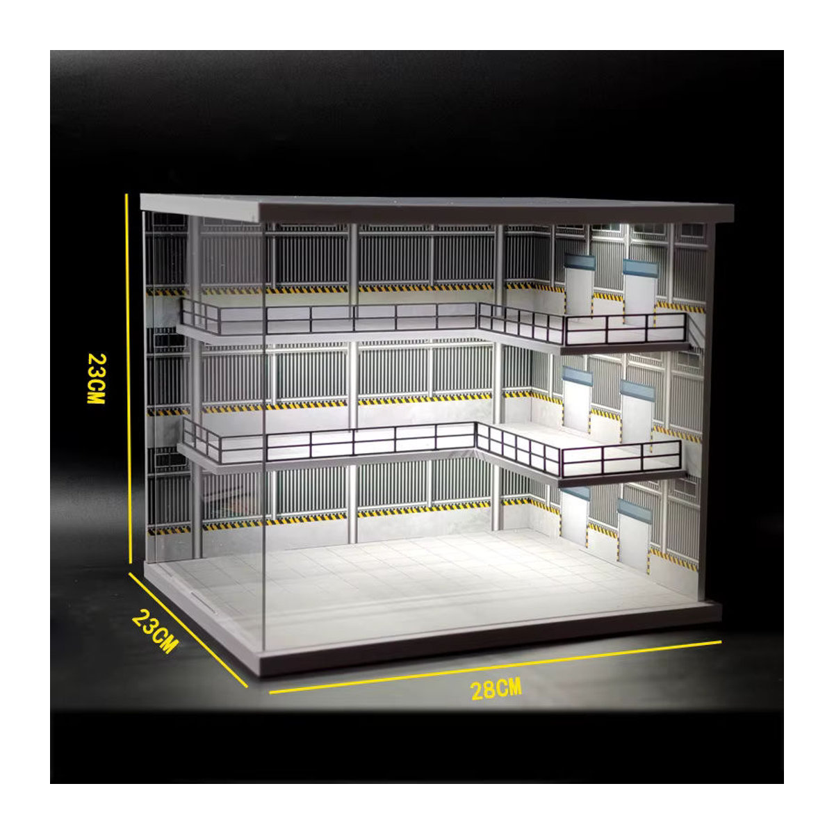 Meiduoxing 1:64 Auto-Parkplatz Garage Vitrine mit LED-Beleuchtung, Miniatur-Diorama aus Kunststoff in Silber und Weiß - Bild 3