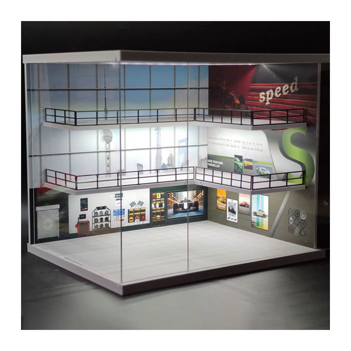 Meiduoxing 1:64 Auto-Parkplatz Garage Vitrine mit LED-Beleuchtung, Miniatur-Diorama aus Kunststoff in Silber und Weiß - Bild 4