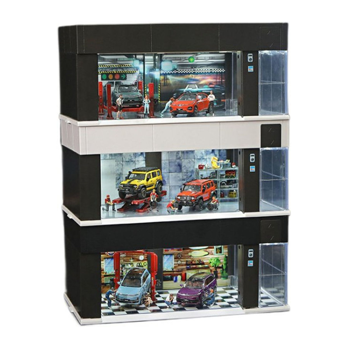 Meiduoxing Sprachgesteuerte Autovitrine im Maßstab 1:64 mit LED-Leuchten, Diorama-Modell Garage als Parksimulator in Schwarz und Braun - Bild 1
