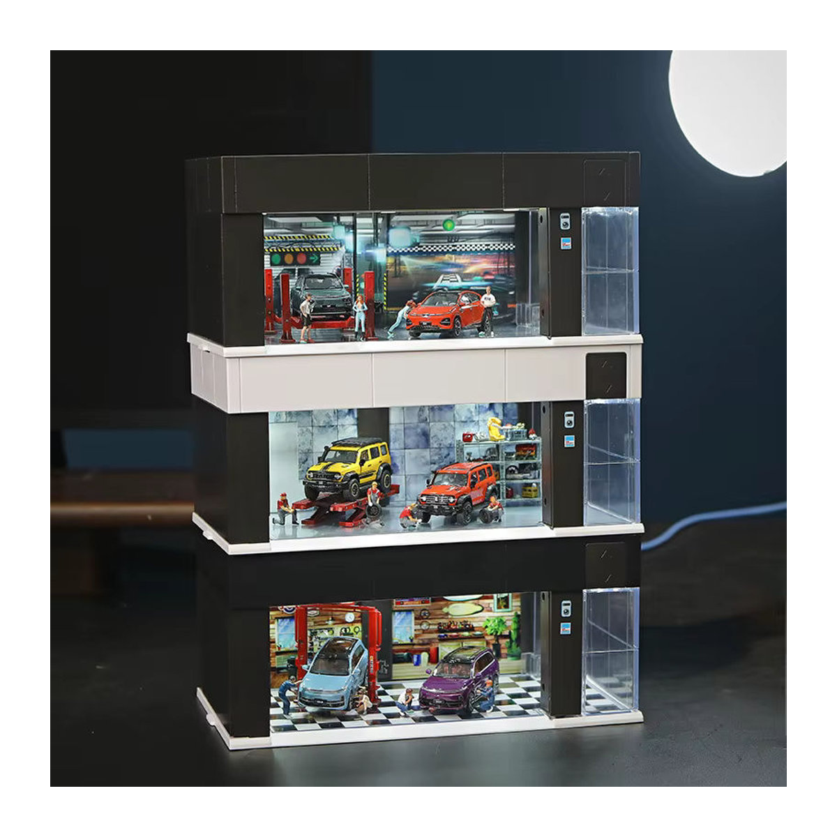 Meiduoxing Sprachgesteuerte Autovitrine im Maßstab 1:64 mit LED-Leuchten, Diorama-Modell Garage als Parksimulator in Schwarz und Braun - Bild 4