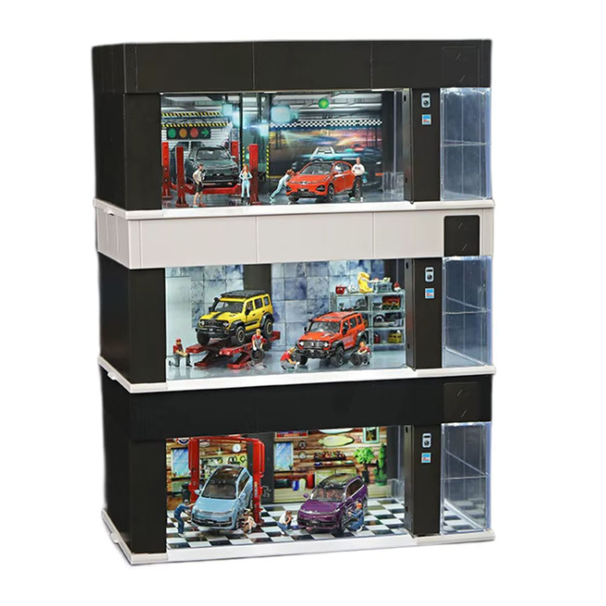 Meiduoxing Sprachgesteuerte Autovitrine im Maßstab 1:64 mit LED-Leuchten, Diorama-Modell Garage als Parksimulator in Schwarz und Braun - Bild 5