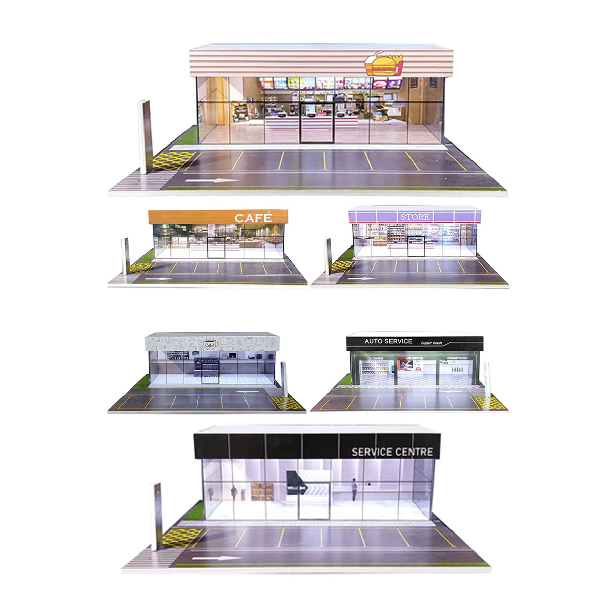 Meiduoxing Stadt-Showroom Diorama-Modell im Maßstab 1:64 mit LED-Leuchten, moderner Parkplatz und Garage in Silber und Mehrfarbig - Bild 2
