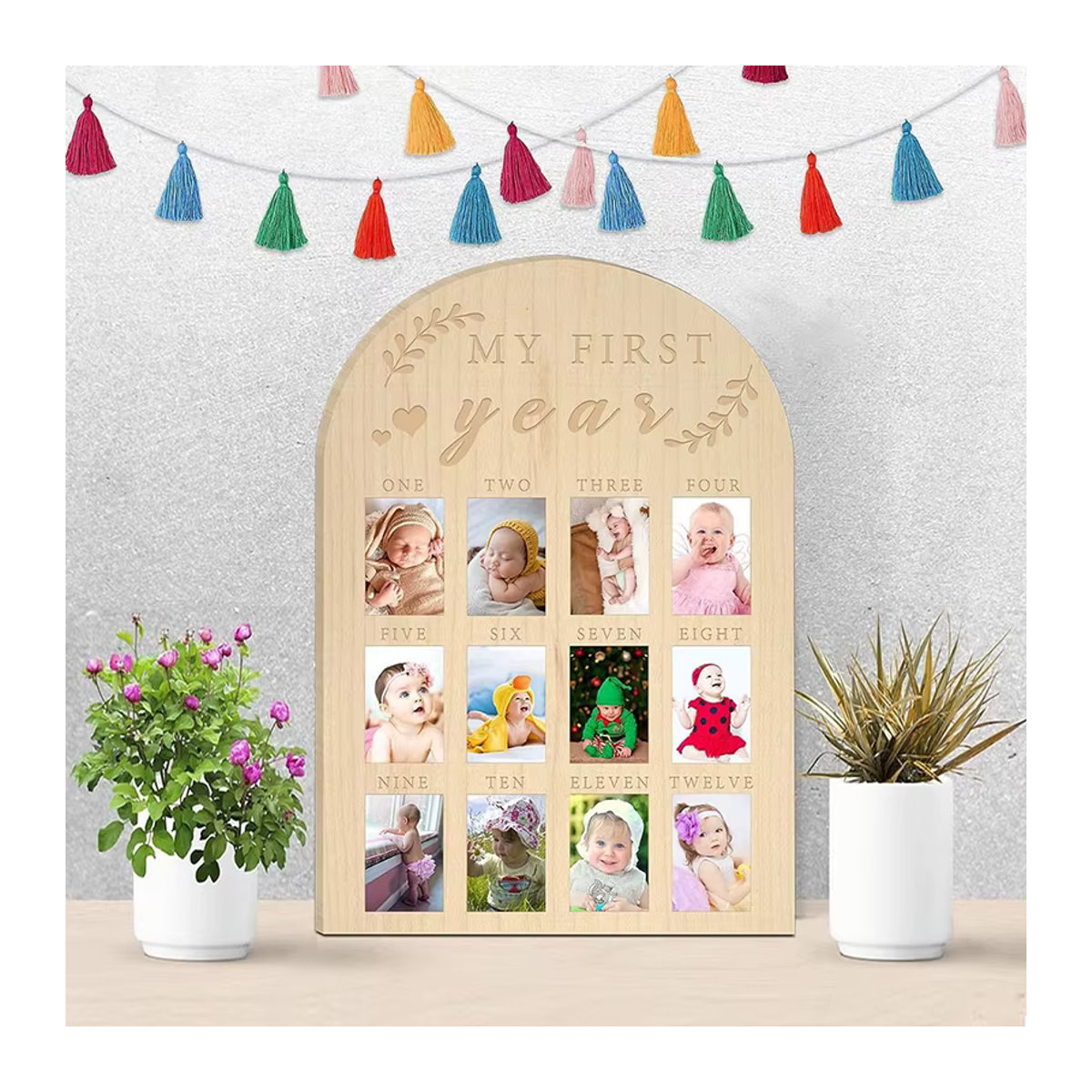 Meilenstein-Fotorahmen aus Holz für das erste Babyjahr in Beige im skandinavischen Design - Bild 2