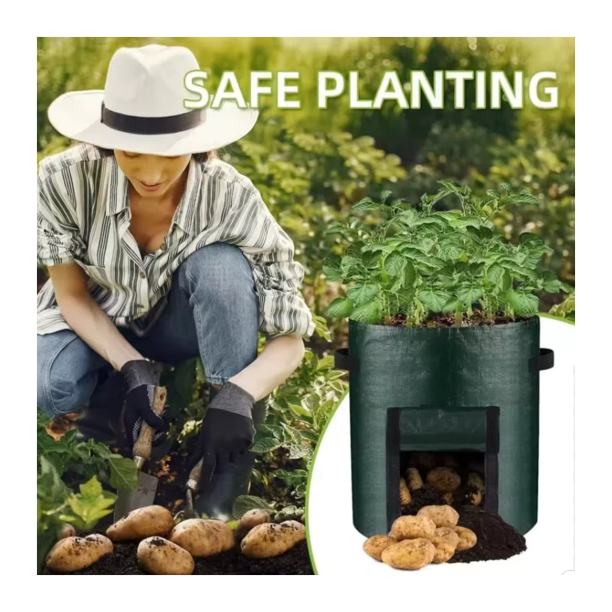 Meizhi Kartoffelpflanzsäcke, runde dunkelgrüne atmungsaktive Pflanzentaschen für Gartenbau und Setzlinge - Bild 3
