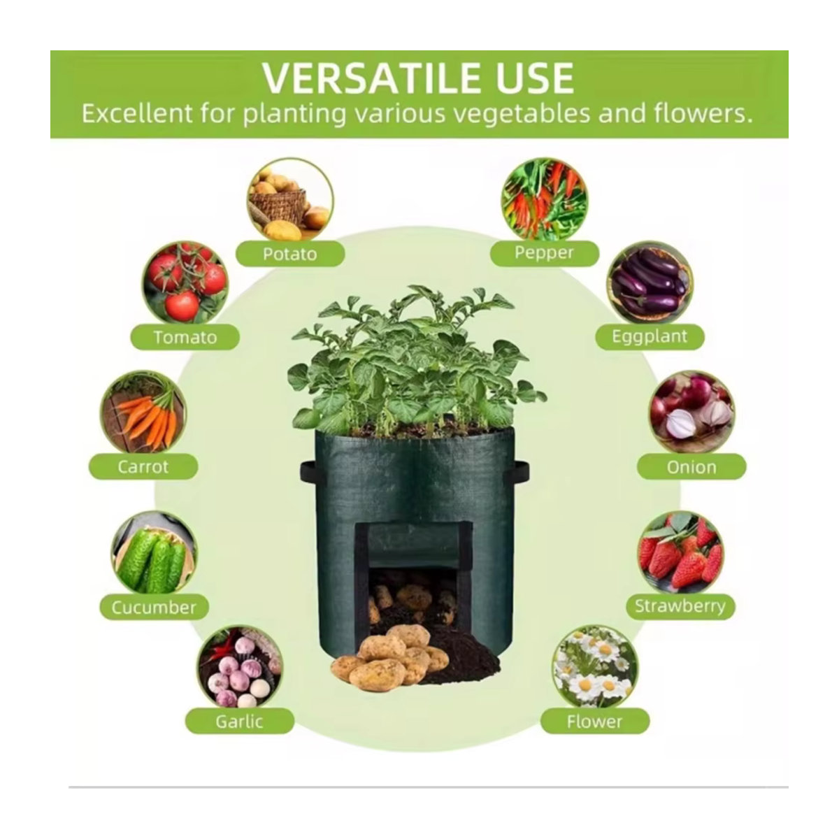 Meizhi Kartoffelpflanzsäcke, runde dunkelgrüne atmungsaktive Pflanzentaschen für Gartenbau und Setzlinge - Bild 5