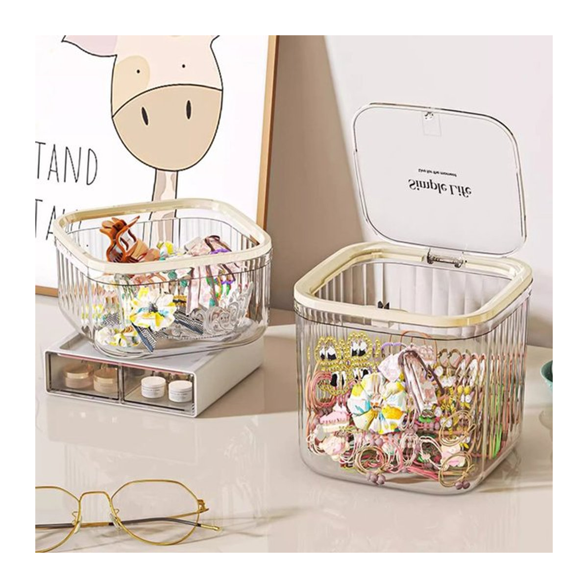 Meltset Desktop Aufbewahrungsbox mit Pop-up Deckel für Schmuck und Haarzubehör, Weiß und Transparent - Bild 1