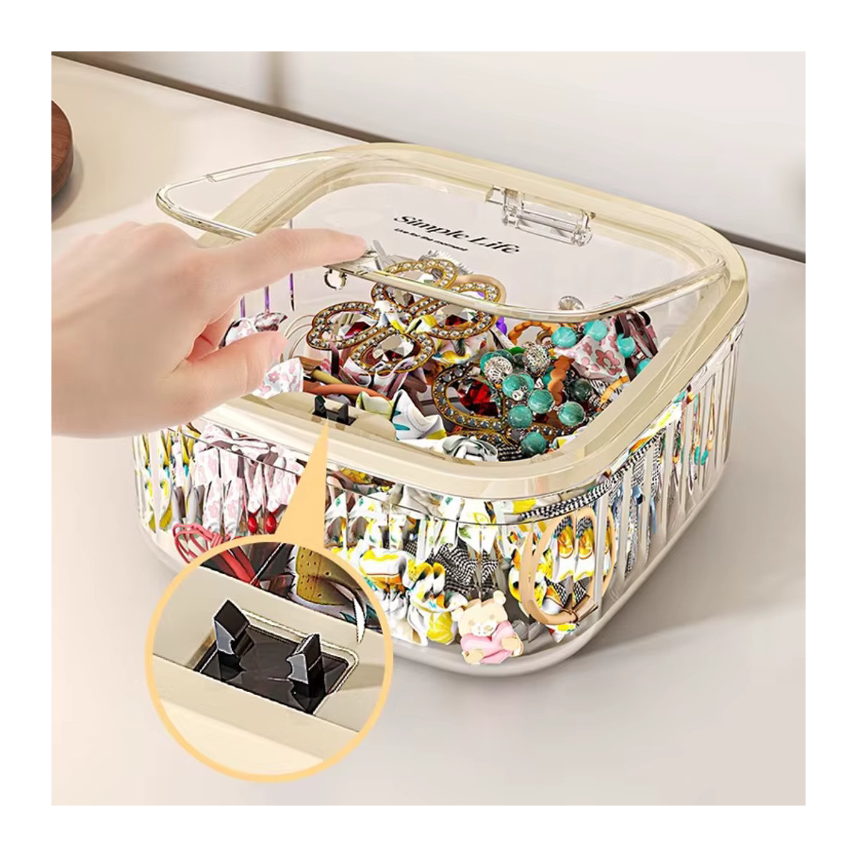 Meltset Desktop Aufbewahrungsbox mit Pop-up Deckel für Schmuck und Haarzubehör, Weiß und Transparent - Bild 2
